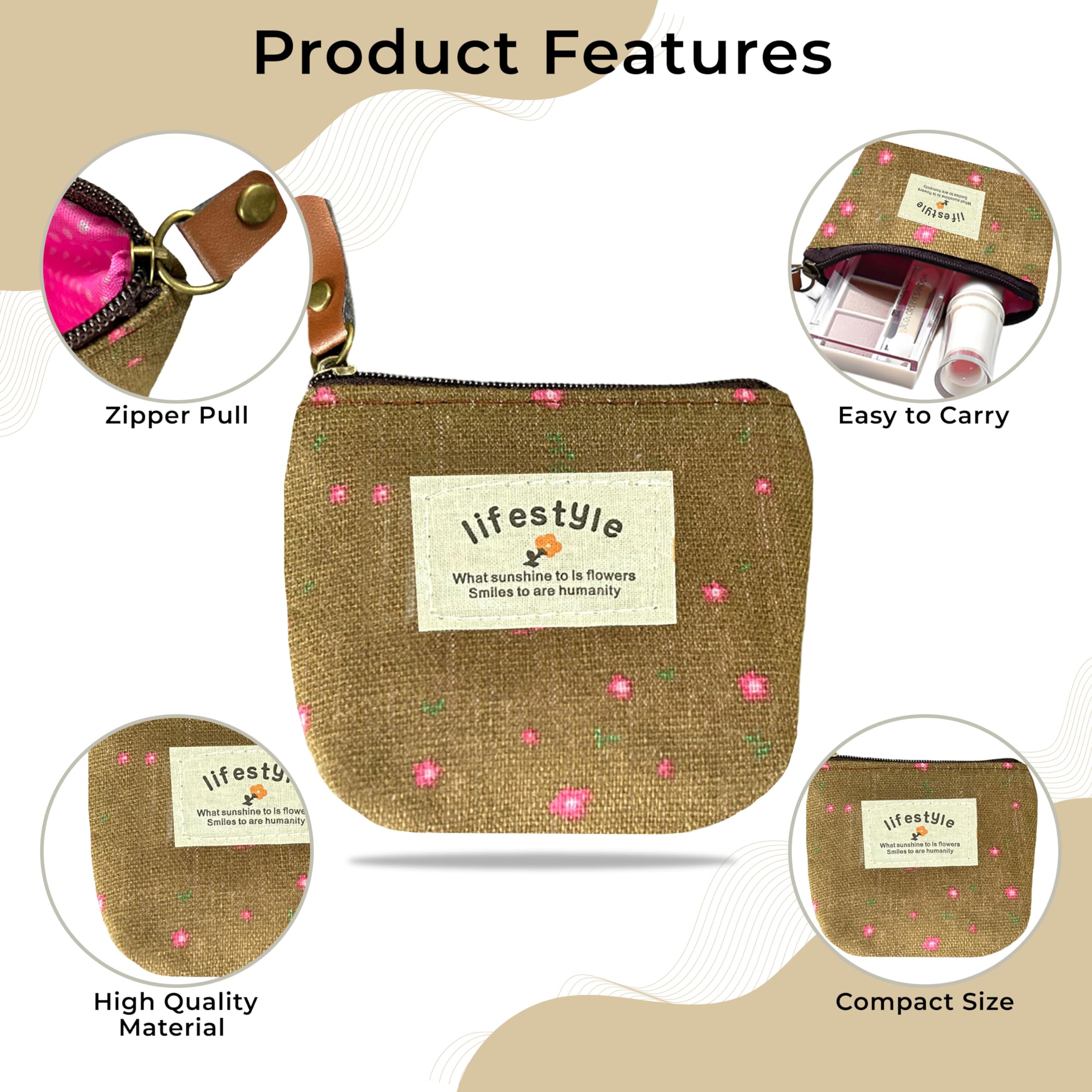 Kraptick Multipurpose Coin Pouch – Compact Zipper Purse for Coins, Cash & Small Essentials Durable & Stylish Fabric Mini Organizer for Daily Use (Light Brown) (Pack of 2) 2