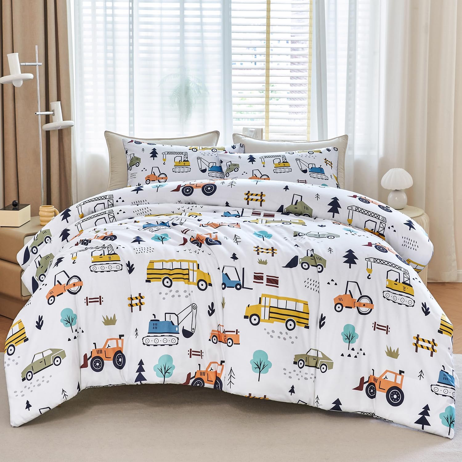 WINLIFE Construction Twin Comforter Set for Boys 3-Piece Teen Kids Bedding Reversible Lightweight Microfiber Forest Vehicles Car Bed Set