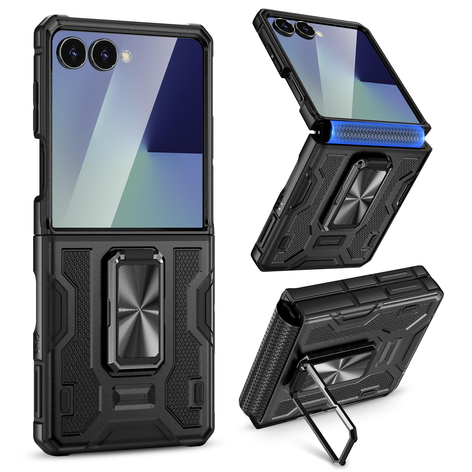 VEGO for Samsung Galaxy Z Flip 7 Case with Stand, Built-in Screen Protector [Anti-Scratch][Hinge Protection] Full Body Rugged Shockproof Drop Protection Case for Galaxy Z Flip 7(Not for 7FE) - Black