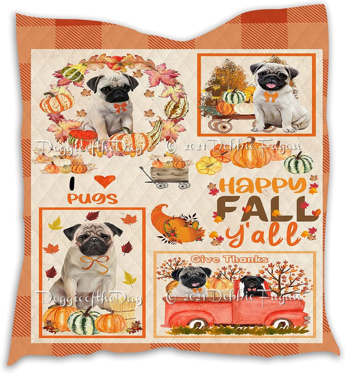 Happy Fall Y'all Pumpkin Pug Dog Quilt Bed Coverlet Bedspread - Pets Comforter with Unique One-Side Animal Printing - Soft Lightweight Washable Polyester Quilt, 70"x80"