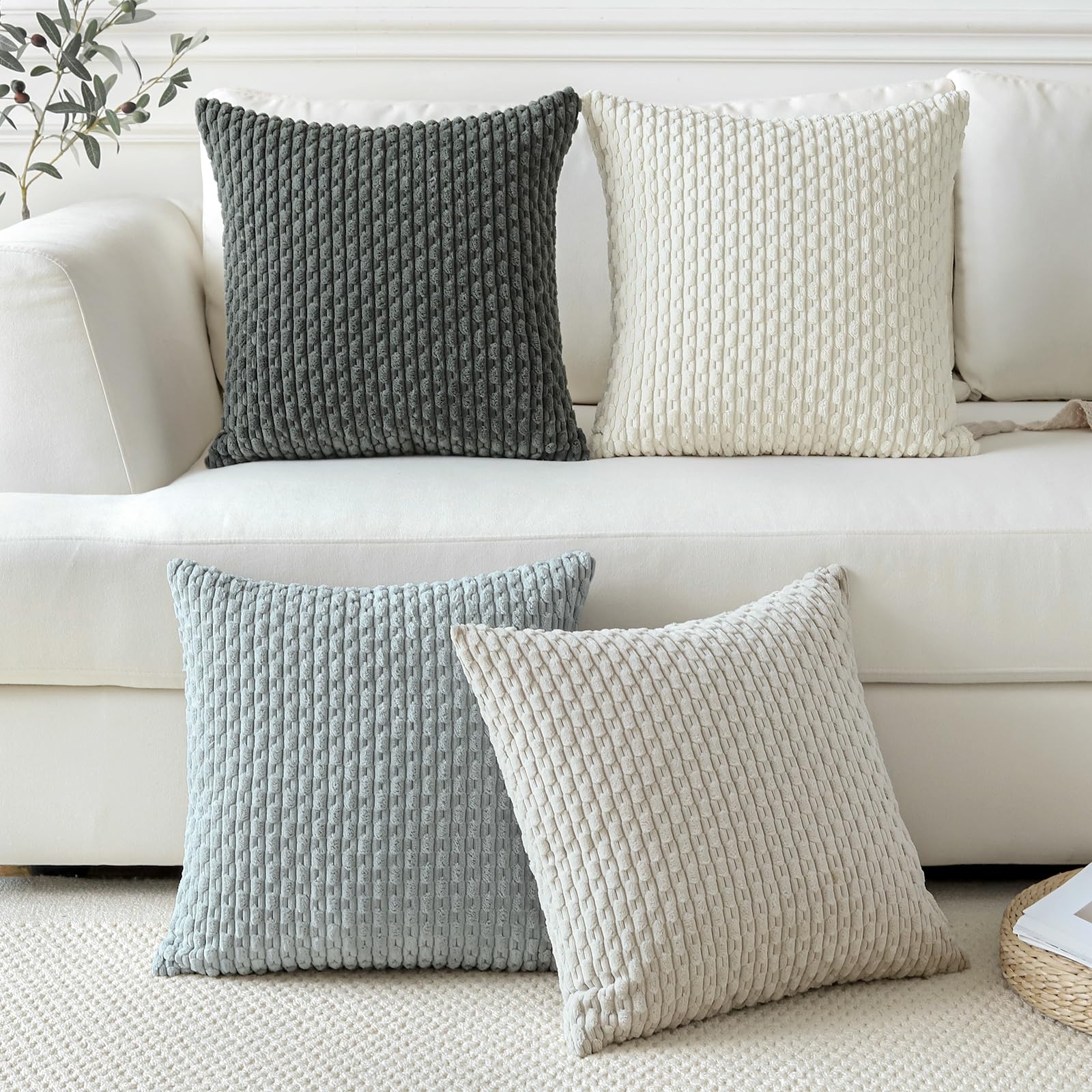 Sungeek Set of 4 Neutral Soft Corduroy Decorative Cushion Covers Boho Striped Throw Pillow Covers for Sofa Couch Living Room Patio Farmhouse Home Decor Pillow Cases 50x50cm - Image 2