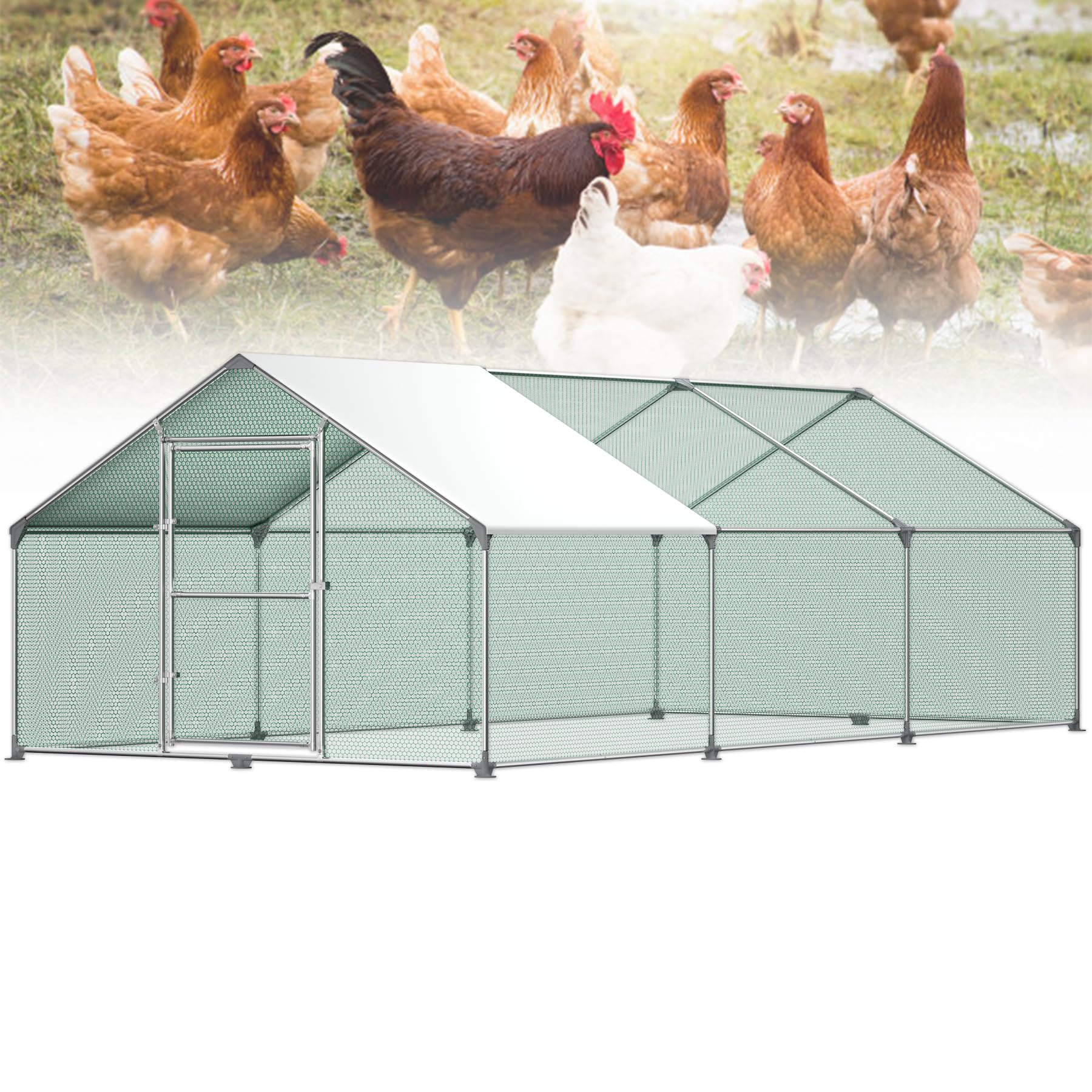 Froadp Gallinero Exterior Grande Jaula Gallineros de Metálica Cercado Exteriores con PE Techo de Protección Solar y Candado Jaulas para Gallinas Animales Conejos Pequeños Aves (3x6x2m, 18㎡)