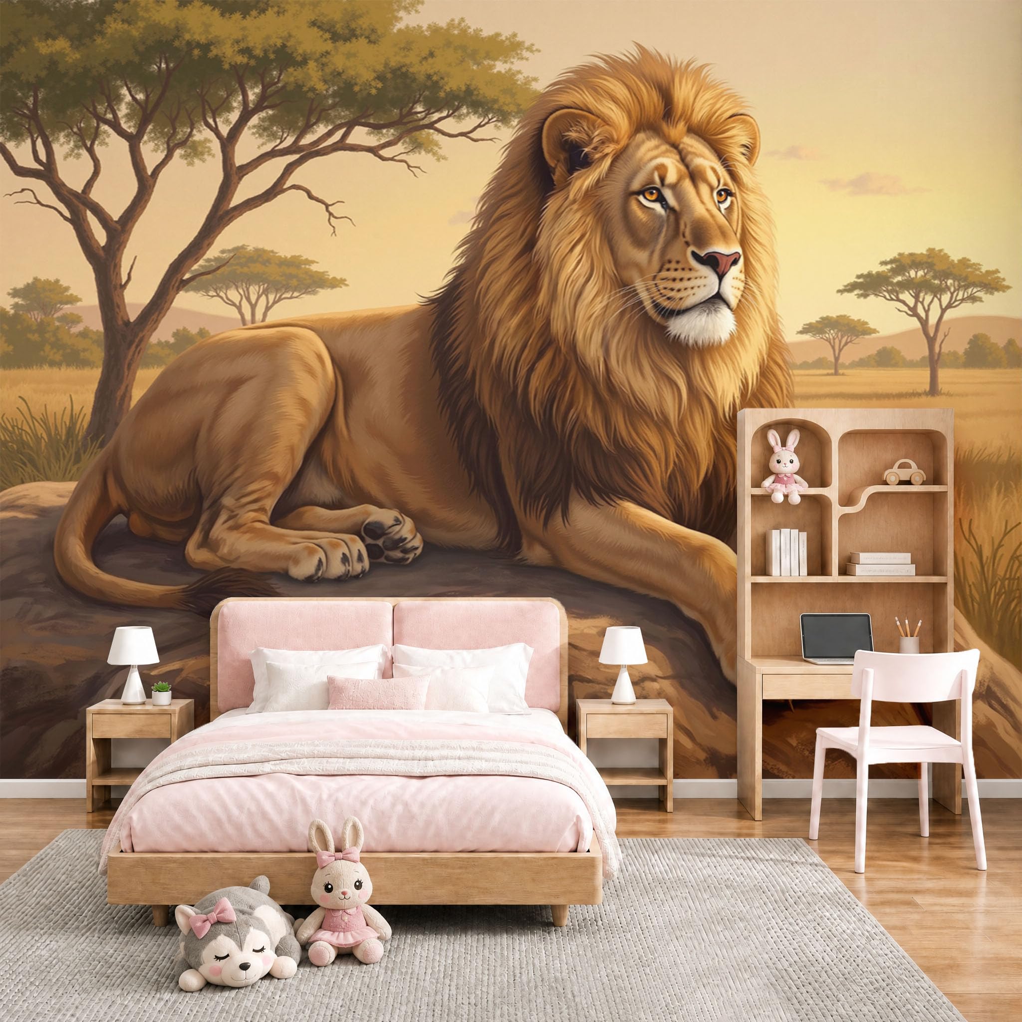Papier peint panoramique lion pour masquer un mur blanc et réveiller un bureau triste