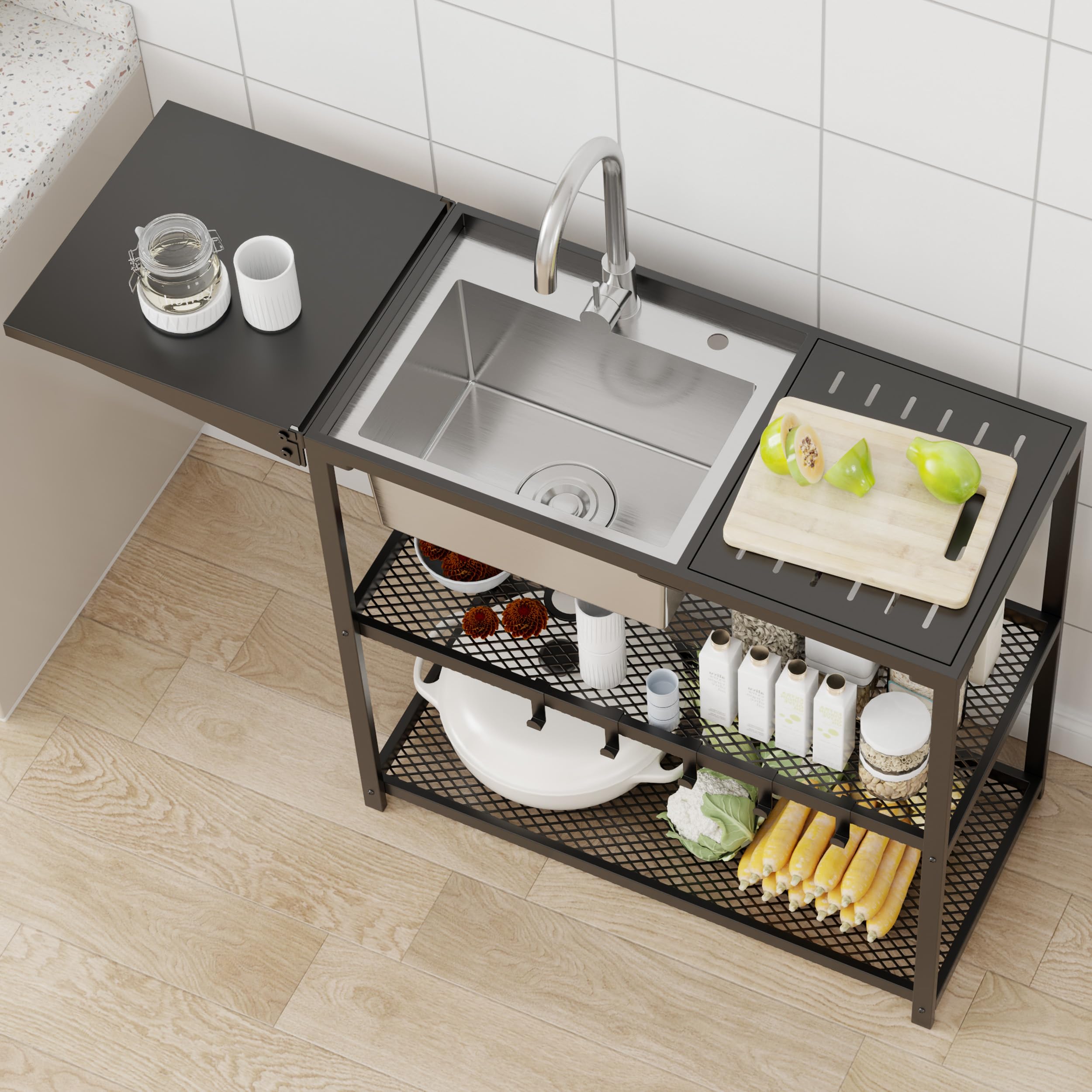 LUCKWIND 47" Freestanding Kitchen Utility Sink with Stainless Steel Single Bowl, Foldable Countertop and Cold & Hot Water Faucet for Farmhouse, Garage, Outdoor, Laundry and Commercial Use