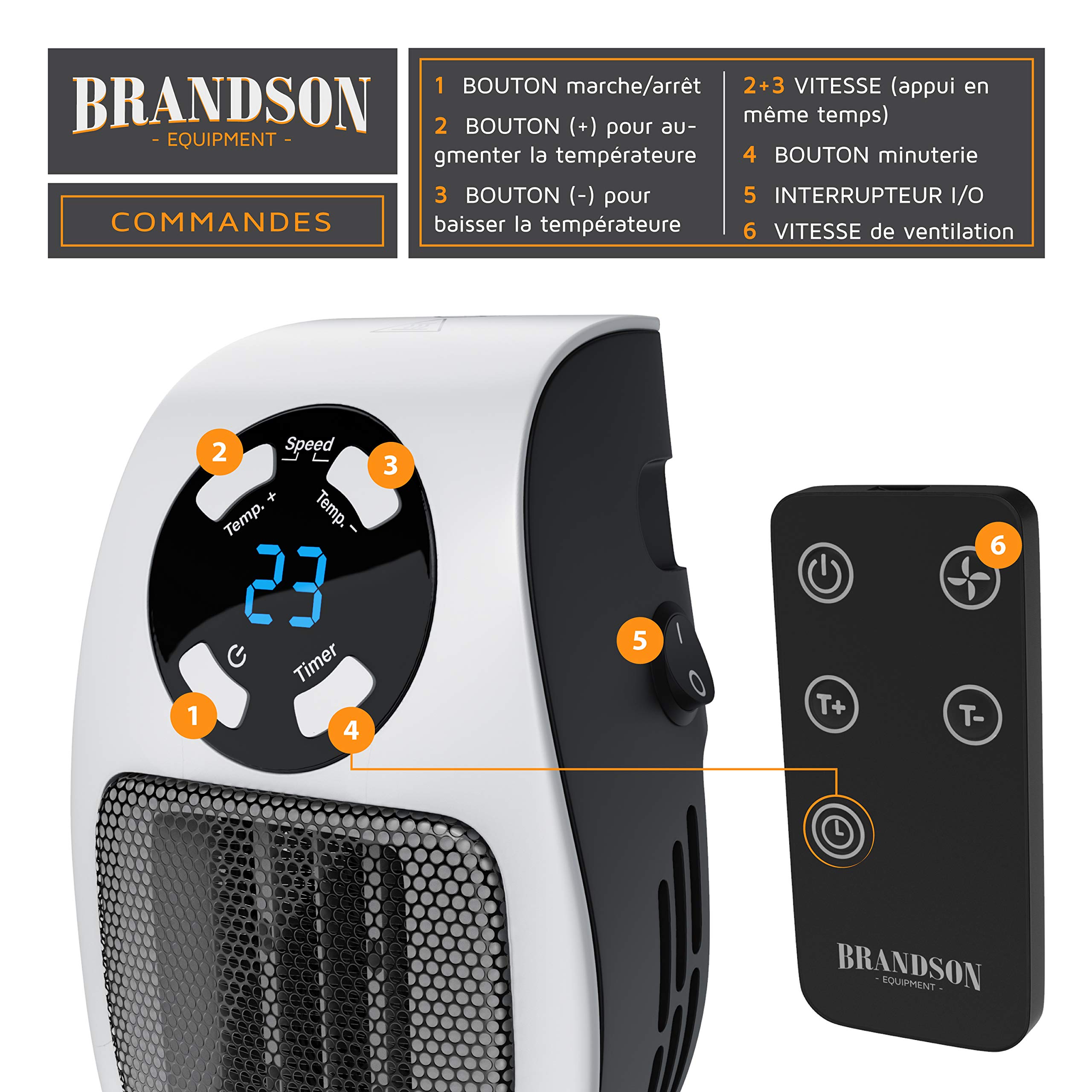 Brandson - Mini chauffage soufflant céramique 500W - Mini radiateur soufflant avec télécommande - Minuterie 1 à 12h - Thermostat 15° à 30° - fiche électrique pivotante à 90° - salle de bain, bureau