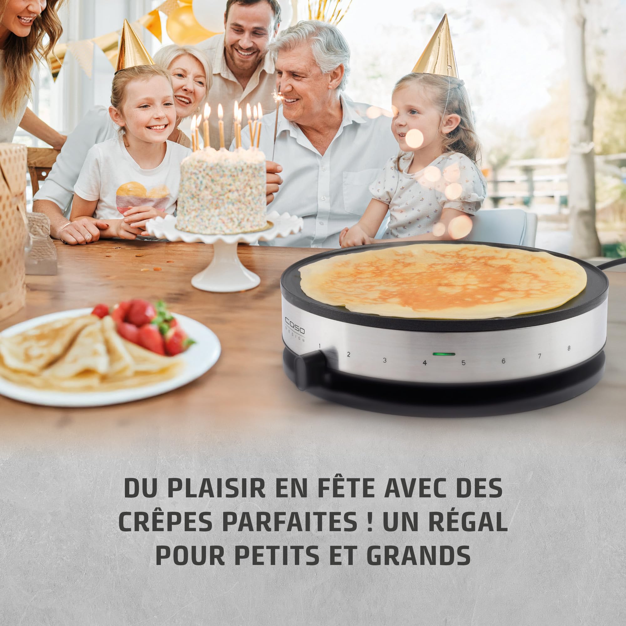 Caso 2930 cm 1300 Design Crêpes maker avec surface de cuisson Extra Large, diamètre 33 cm, 1300 W, Noir, Argent