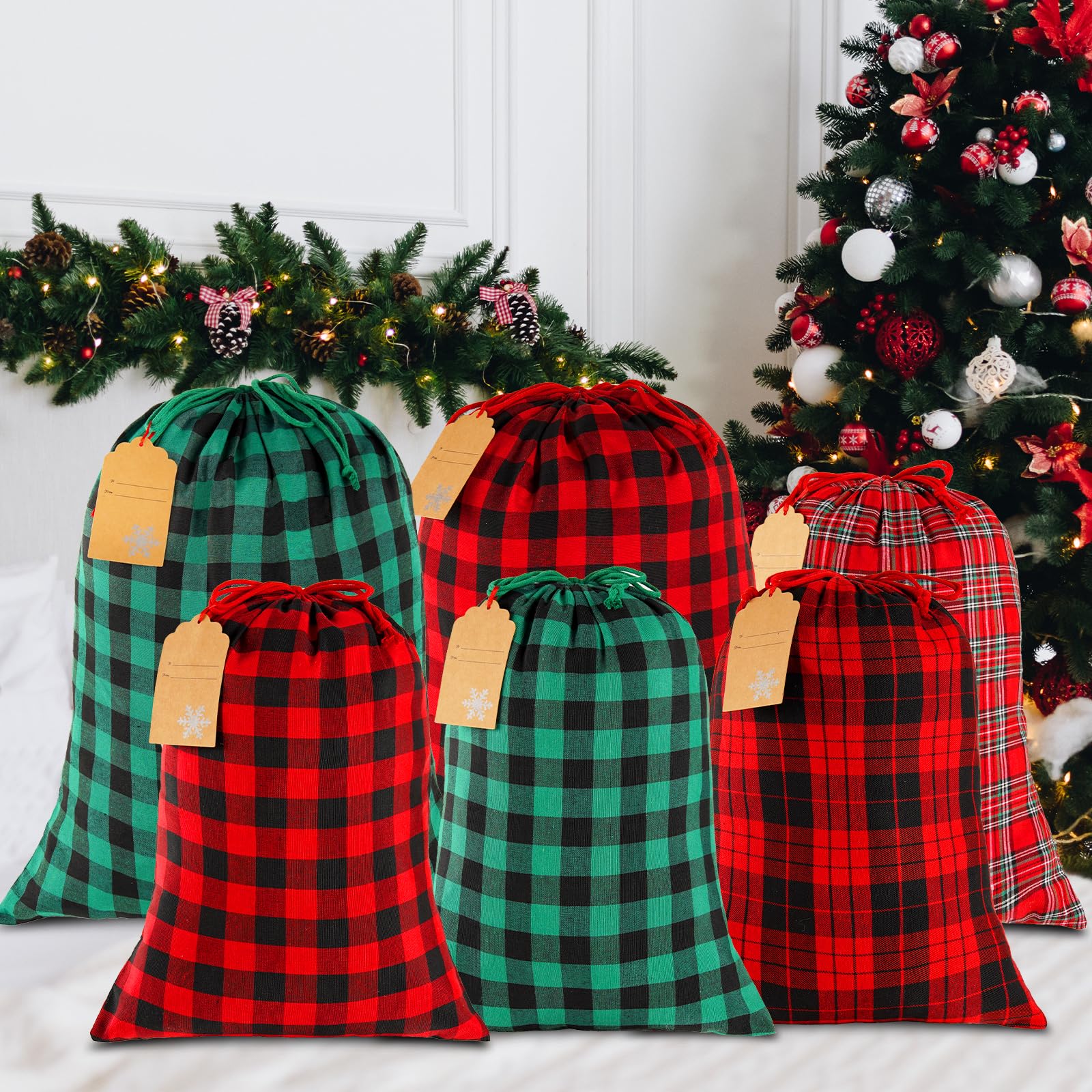 6Pcs Christmas Drawstring Gift Bags Reusable Fabric Present Bags with Tags — image 1