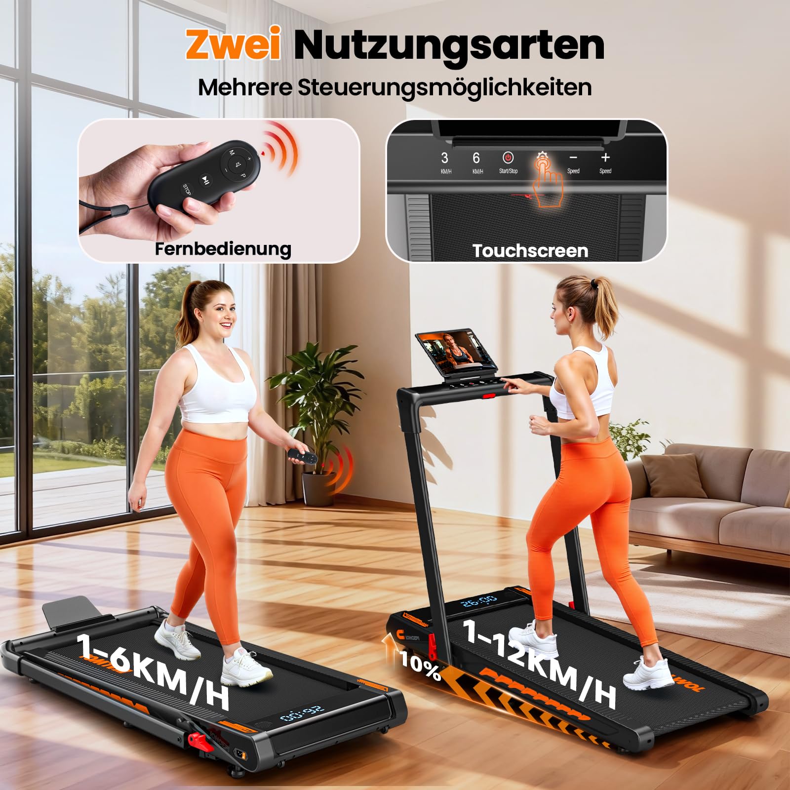 Laufband für Zuhause mit Bluetooth Lautsprecher, 6 in 1 12km/h Walking Pad Laufband mit 10% Steigung, 3.0 HP Bürstenloser Treadmill für Zuhause & Büro mit LED-Display, 12 HIIT-Programme, Bis 160 kg