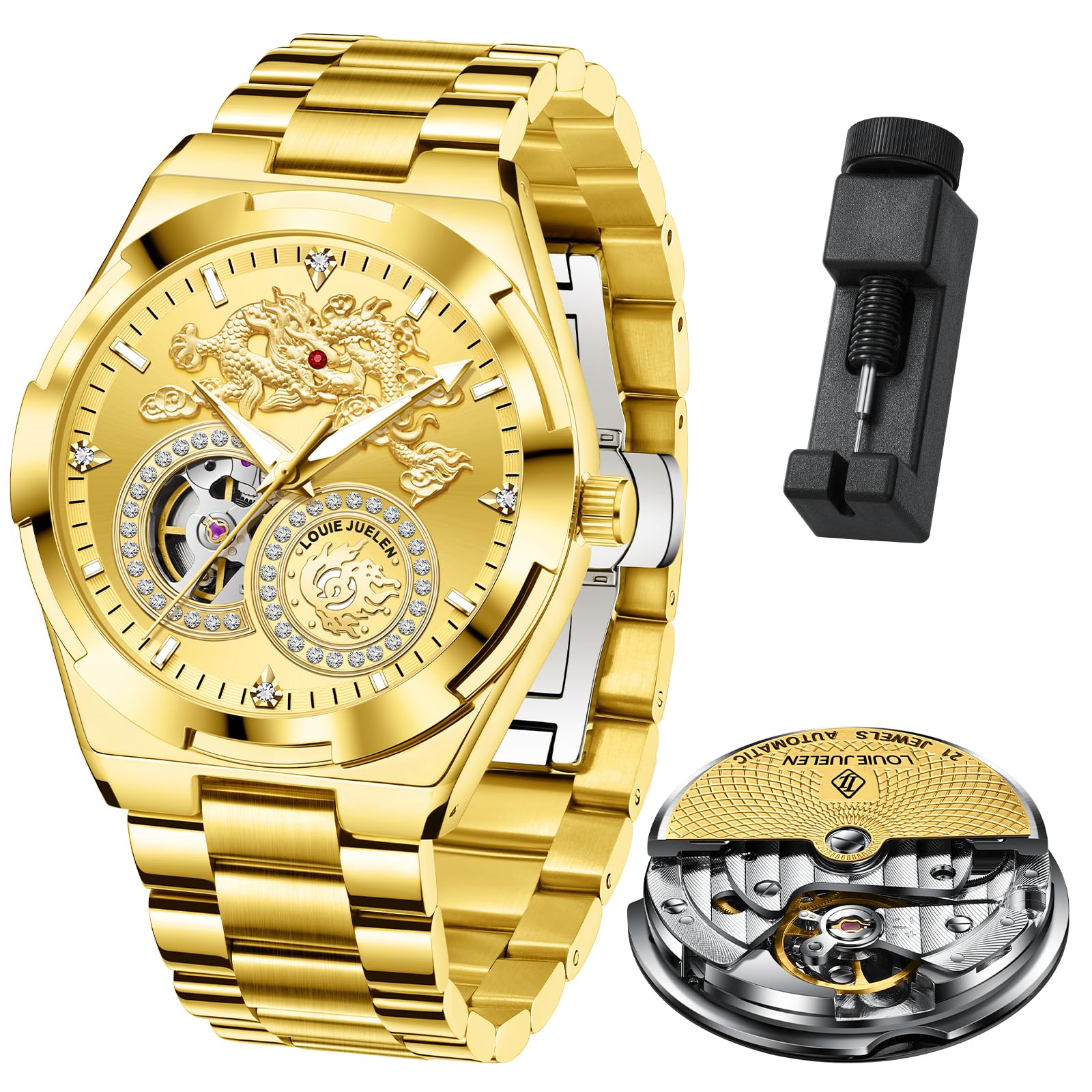 Mens Luxury Automatic Watches with Self-Winding Movement Analog Mechanical Watch 42mm Luminous Waterproof Wrist Watches for Men Gold