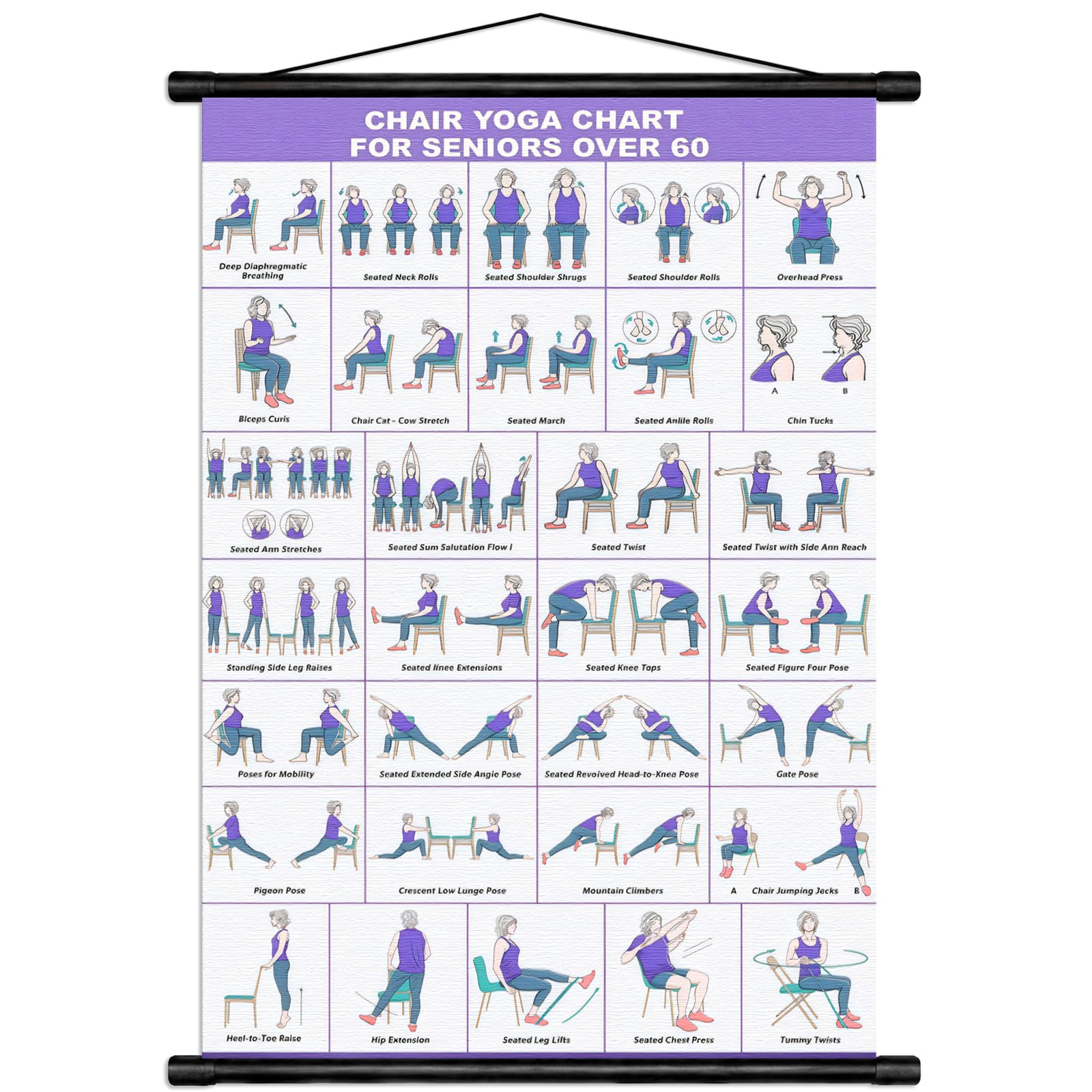 Dei tkeyts Chair Yoga for Seniors over 60 Chart, Chair Yoga Exercise Guide Poster, Fitness Exercise Wall Chart for Balance & Mobility Training, Yogas Instructional Wall Pictures for Elderly