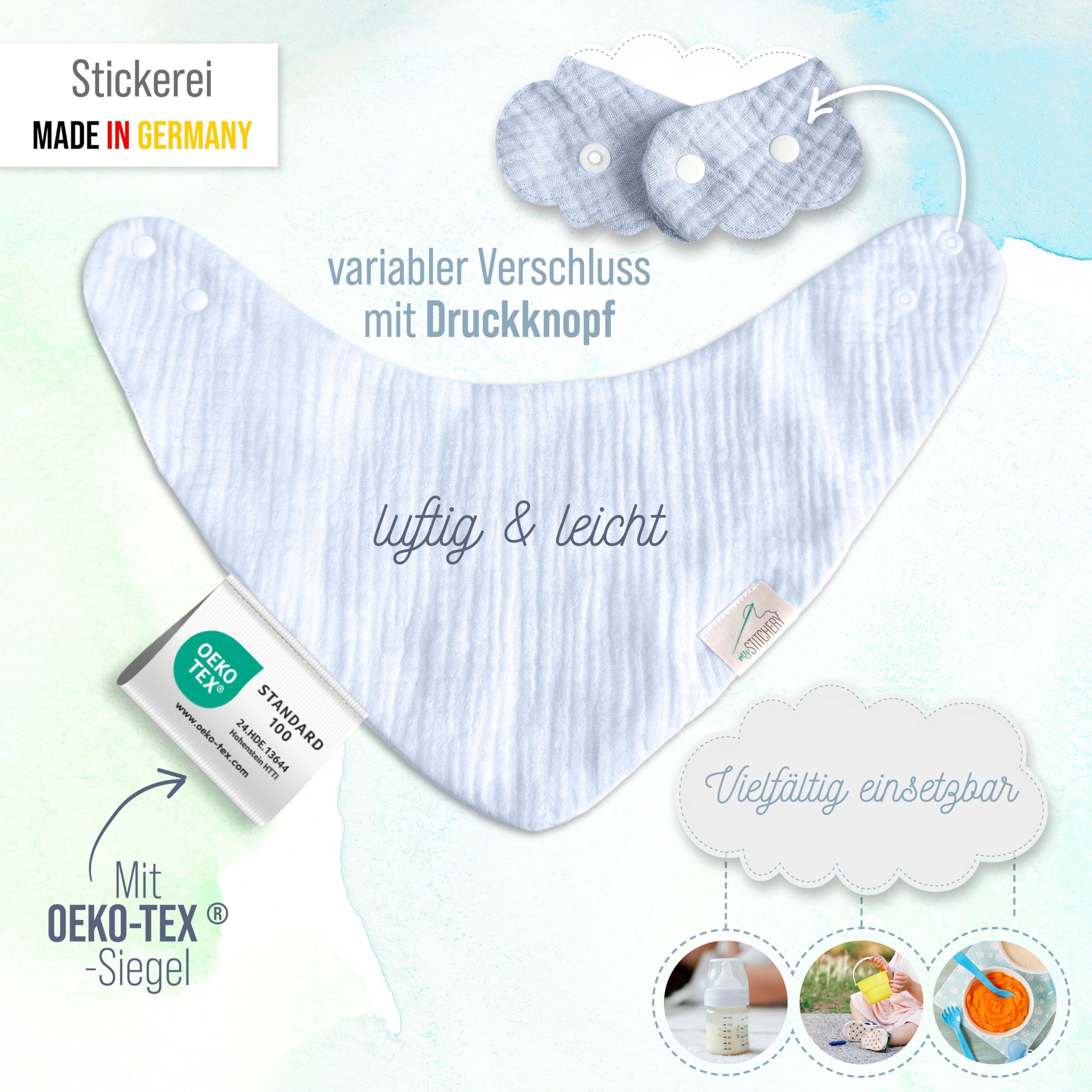 Newborn - Set regalo personalizzato per neonati in morbida mussola (azzurro, personalizzato) con nome ricamato, Oeko-TEX® Standard 100, 3 pezzi