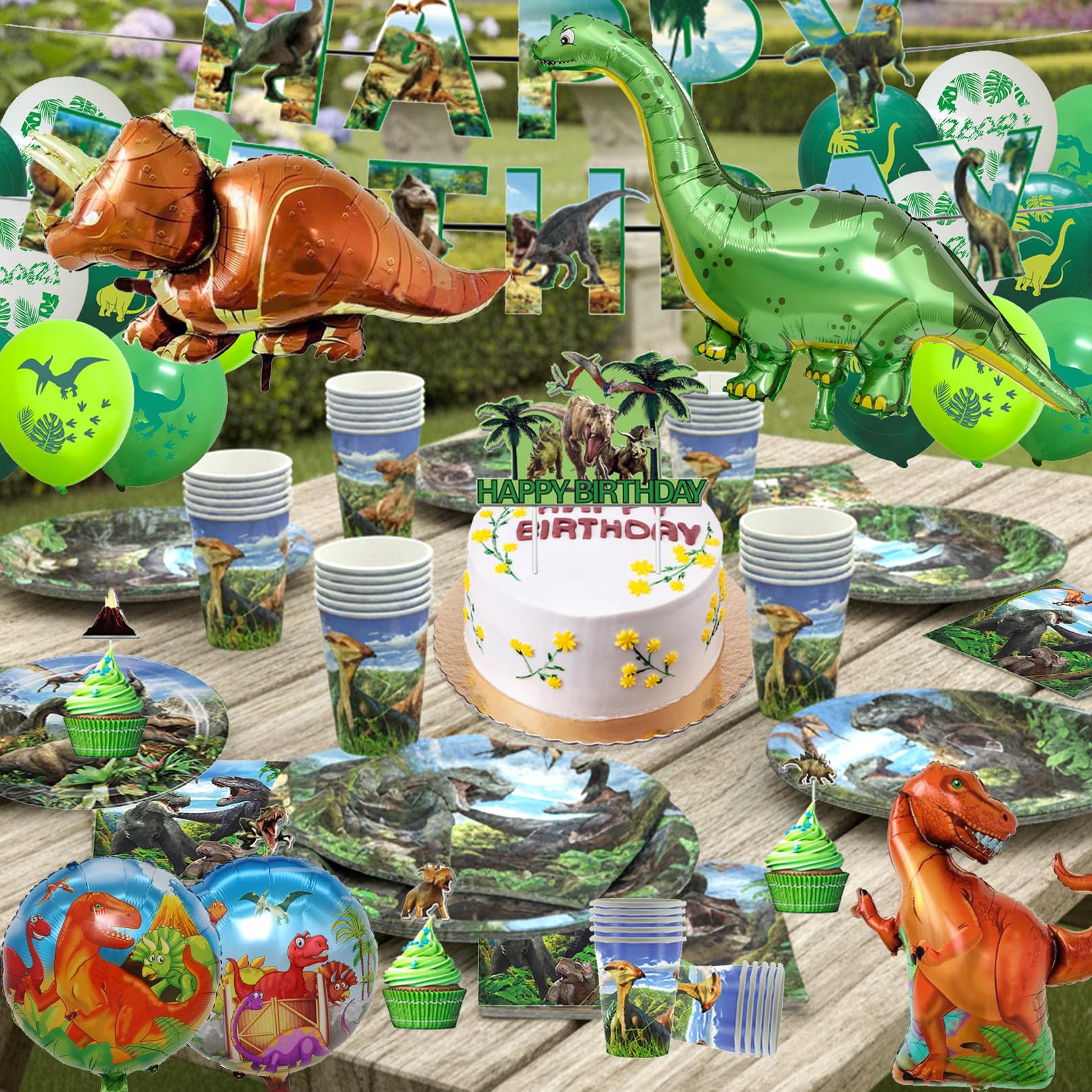 93 Pezzi Dinosauri Stoviglie per Feste di Compleanno，Addobbi Compleanno Dinosauri，Tovaglioli, Tovaglia, Piatti di Carta