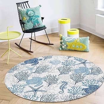 ラグ・カーペット round beach rug Amazon.com: Huotupsine Navy Blue Coral Coastal Round Area