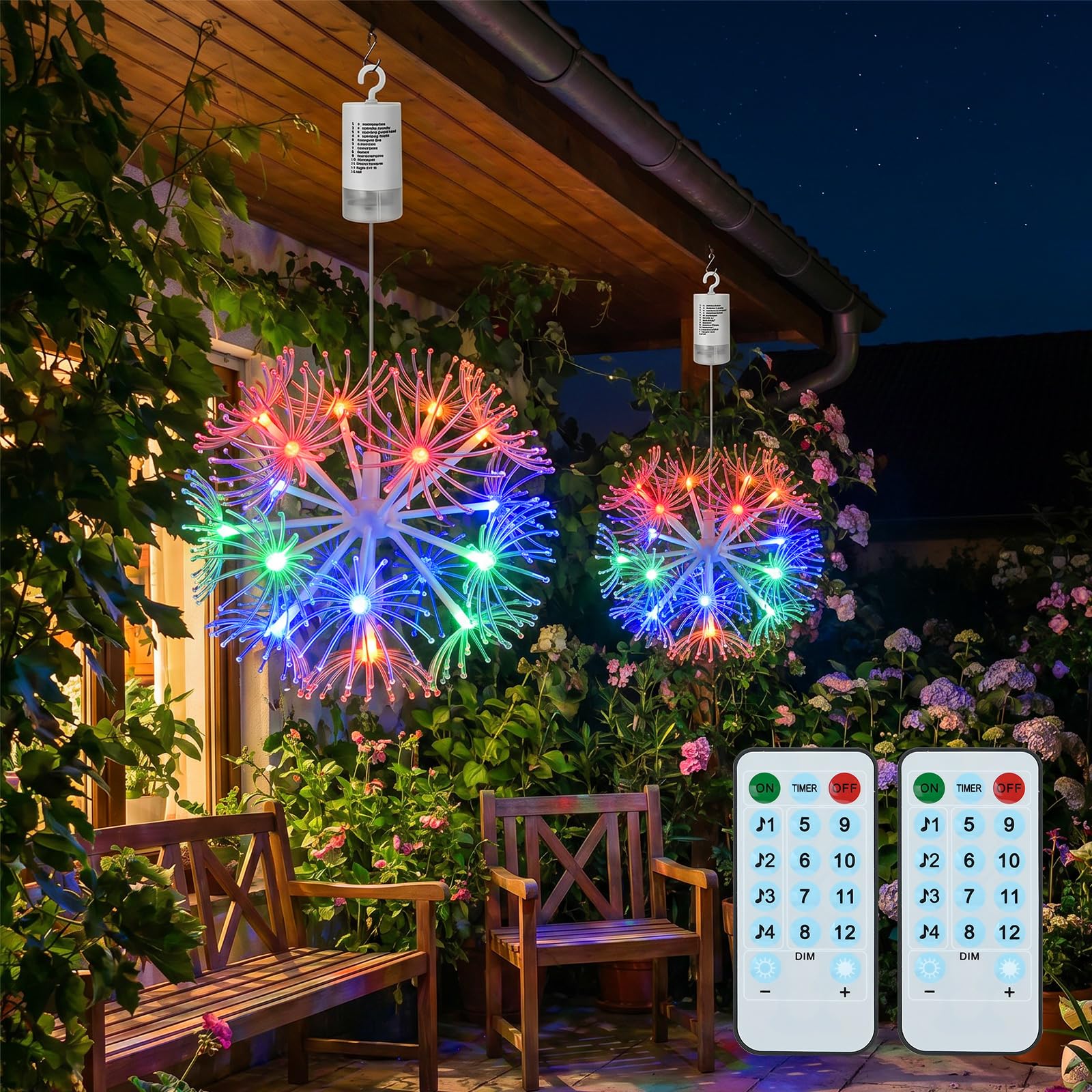 2PCS Hanging Waterproof Fireworks Lights-Battery Powered Garden Lights ,Waterproof Firework Lights with 8 Lighting Modes– Multi Colour LED Garden Ornaments for Yard, Patio –Decorative Garden Lights