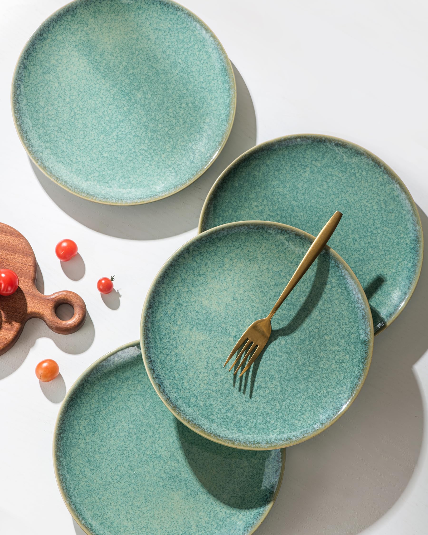 HENXFEN LEAD Speiseteller Teller Set Porzellan, 4 Teilig Pastateller Frühstücksteller, 26cm Große Essteller, Glänzend Grün