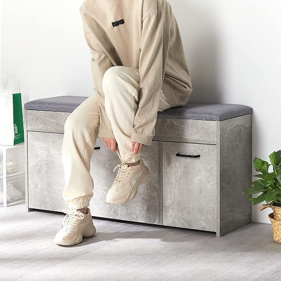 Meerveil Shoe Bench with Seat, Shoe Bench with Storage and Flip-up Drawer, Wooden Industrial Style for Hallway Entryway, W100 x H52 x D30 cm, Grey