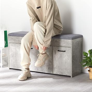 Meerveil Shoe Bench with Seat, Shoe Bench with Storage and Flip-up Drawer, Wooden Industrial Style for Hallway Entryway, W100 x H52 x D30 cm, Grey