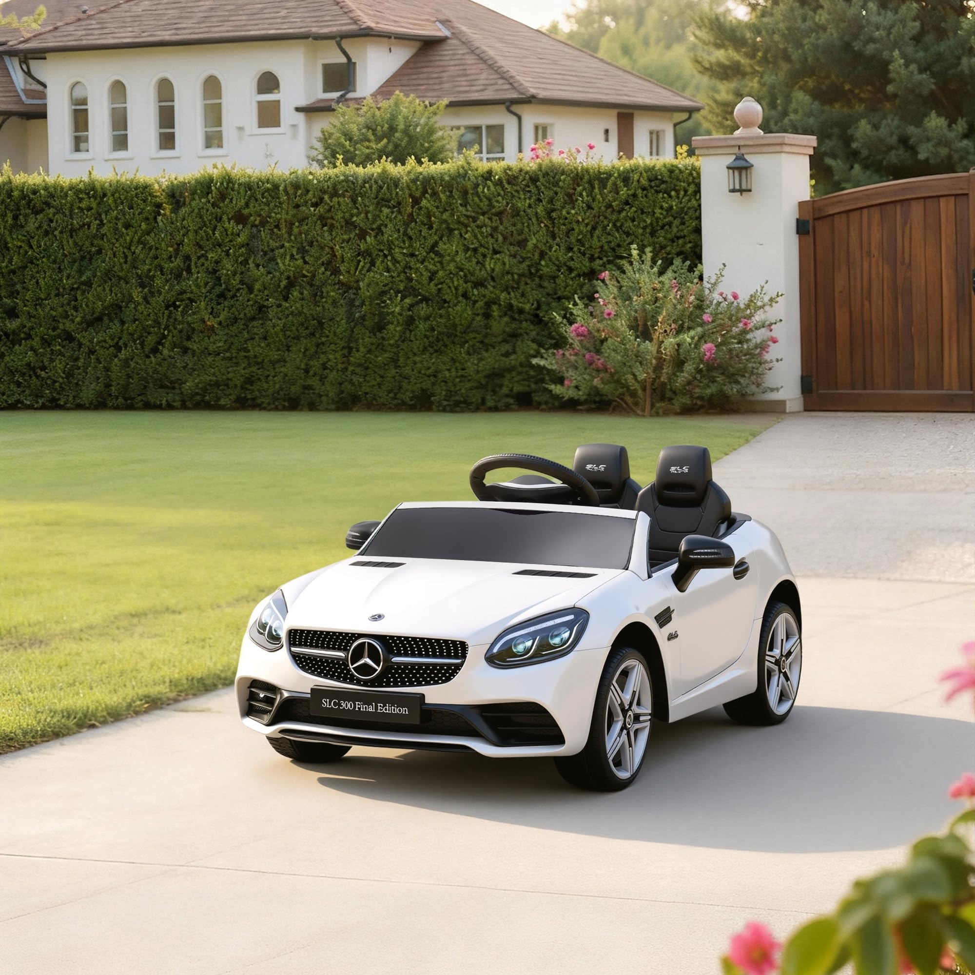 AIYAPLAY Samochód elektryczny dla dzieci Mercedes SLC 300 12V Biały | 5 km/h, efekty dźwiękowe + światło, pilot dla rodziców 2,4G, pojazd elektryczny dla dzieci 3-6 lat