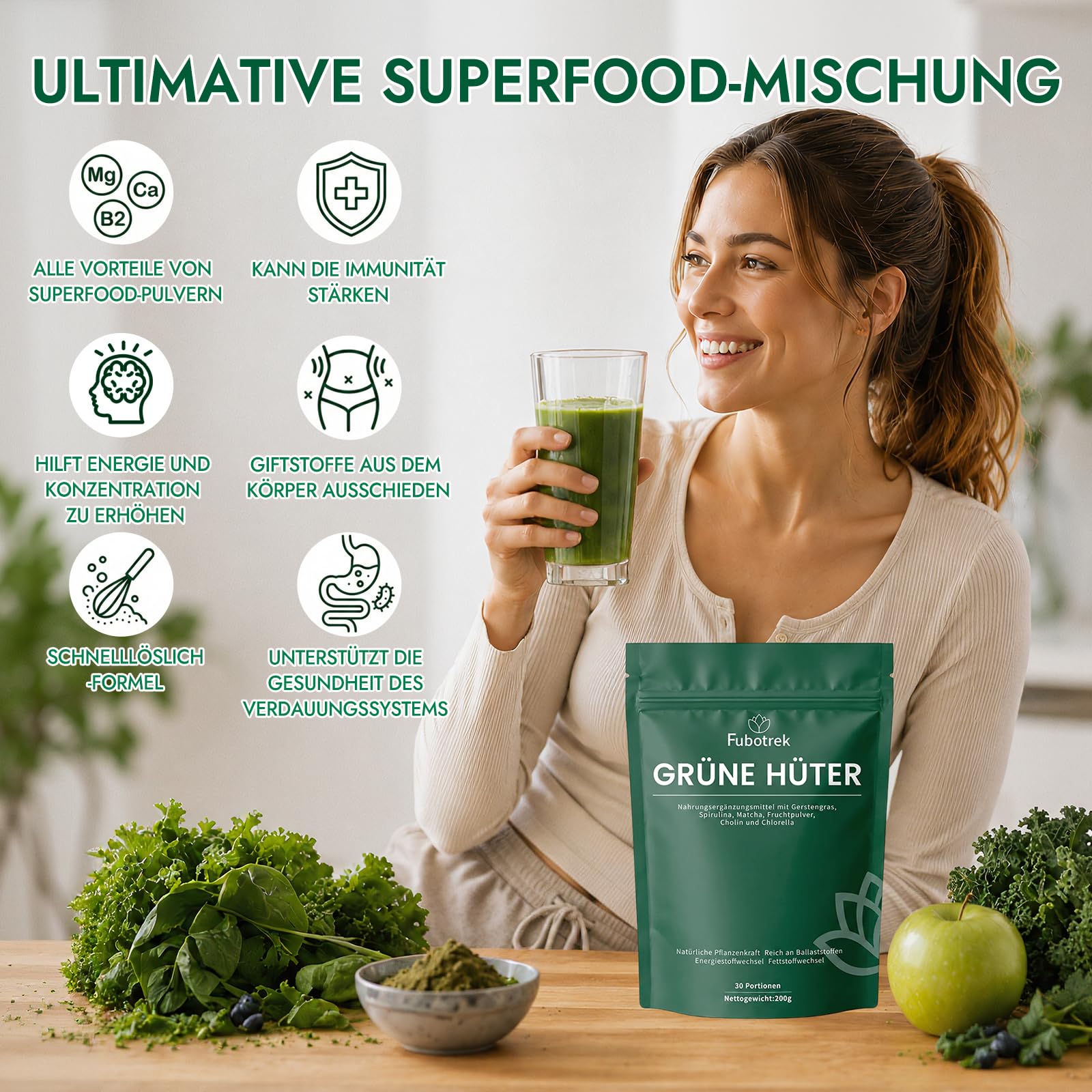 Grüne Entgiftungspulver Helfer,200g Grüner Superfood Pulver Helper Mix mit Matcha, Spirulina, Gerstengras & Heidelbeeren | Ballaststoffreich & Vegan | Greens Pflanzenpulver für Alltag & Ernährun