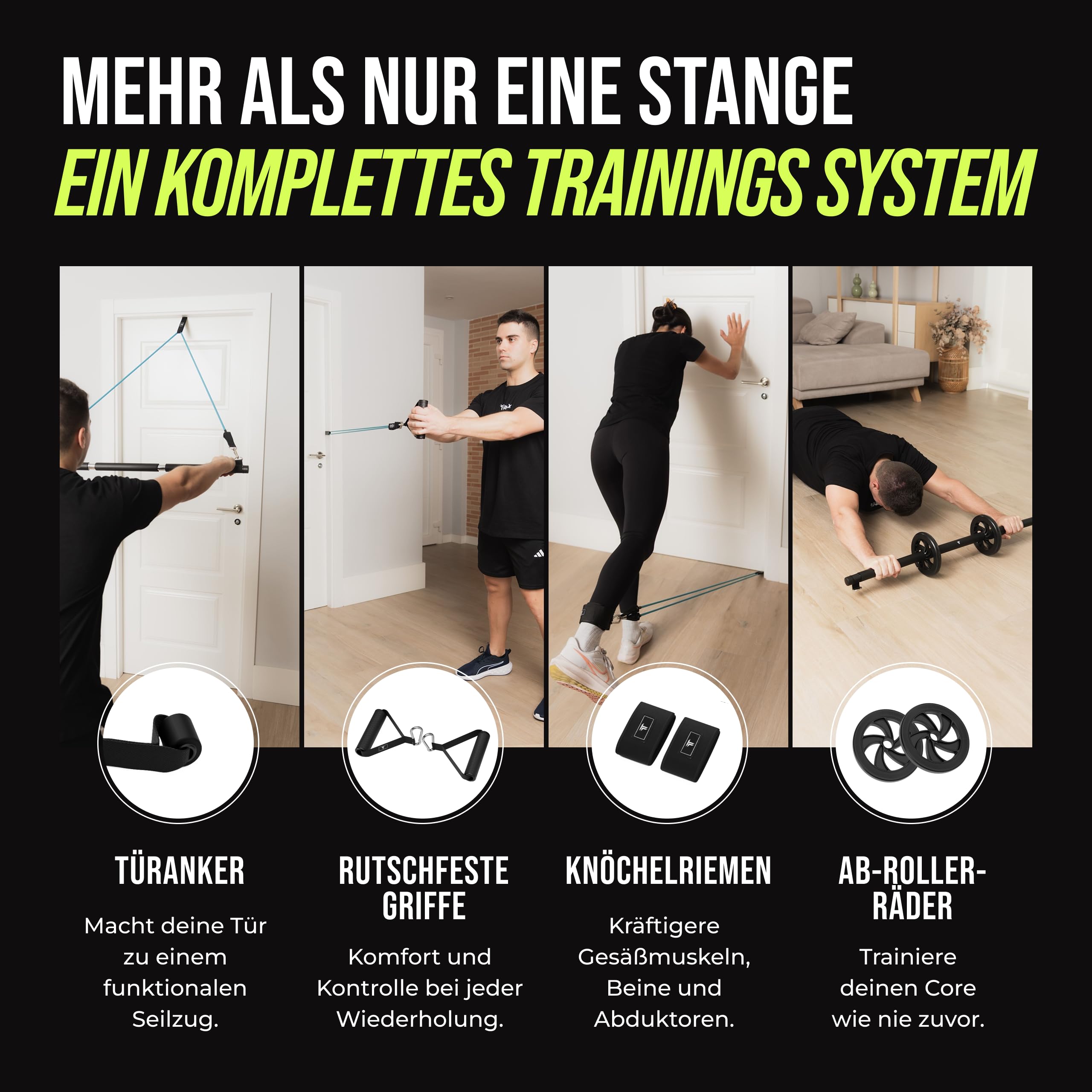 Fitnessbänder mit Trainingsstange | Widerstandsbänder Set bis 100 kg | Hochbelastbare Latex Trainingsbänder für Krafttraining | Kompaktes Home Gym für Zuhause