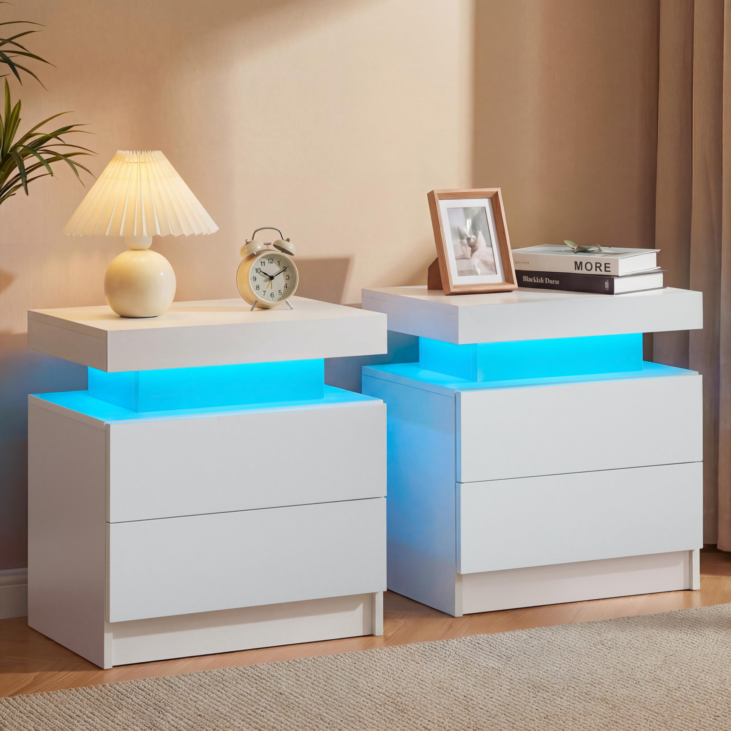 Cubehom Nachttisch mit LED Beleuchtung und 2 Schubladen – Moderner Nachtschrank/Beistelltisch für Schlafzimmer & Wohnzimmer, Hochglanz, 49×35×52 cm