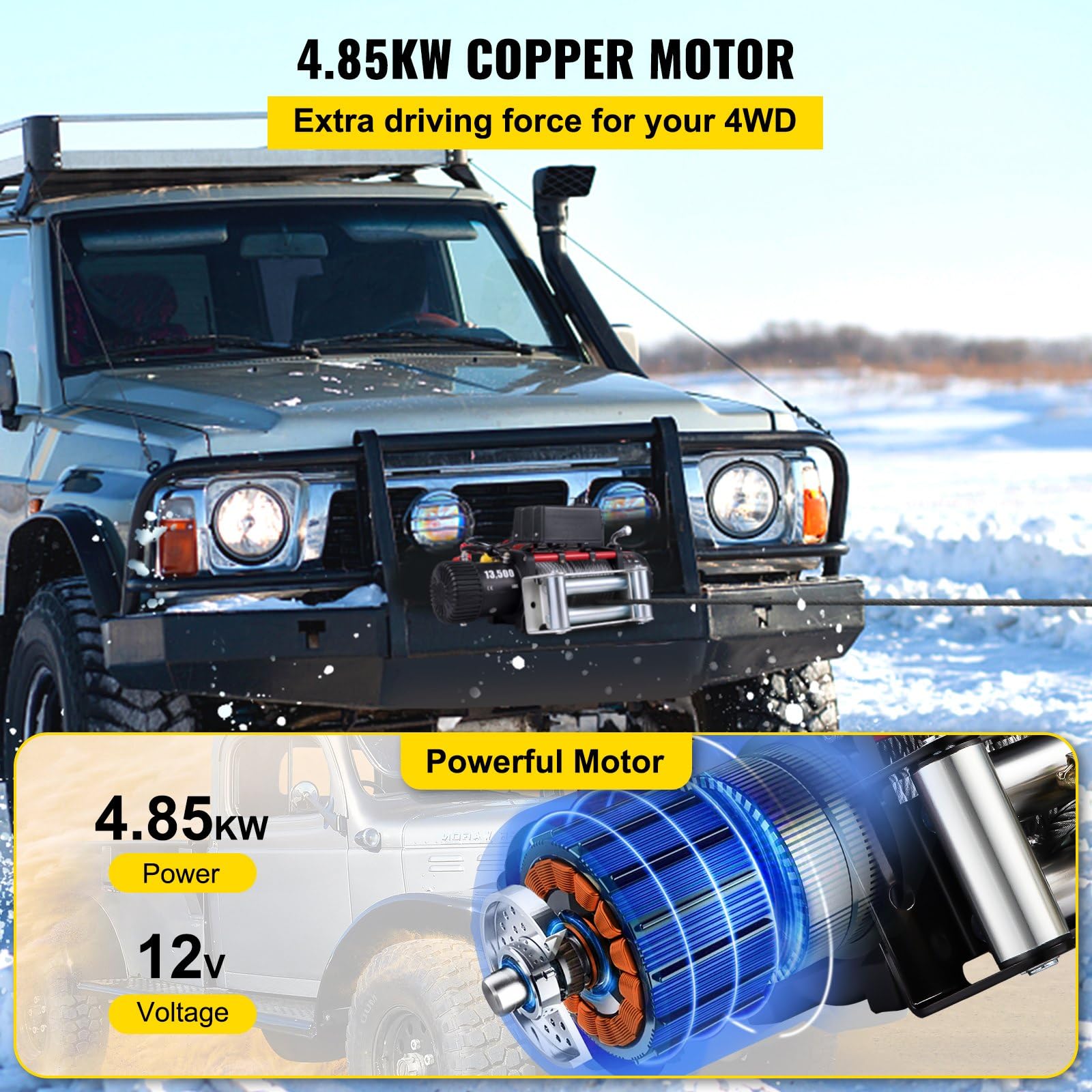 Cabrestante Eléctrico 13500 lbs | 6123kg 12 V Control Inalámbrico 24 m x 9,5 mm con Cuerda Sintética,para Jeep, Remolques, Barcos y Vehículos Todoterreno
