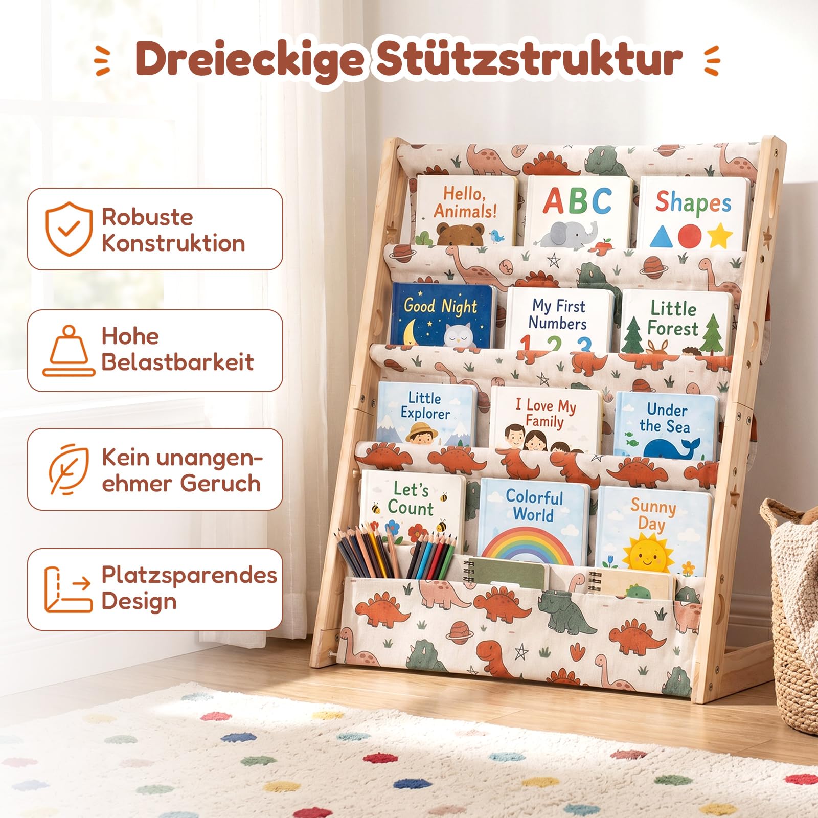 COSYLAND Bücherregal Kinder aus Kiefernholz, 4 Tiefe Fächer für Übersicht