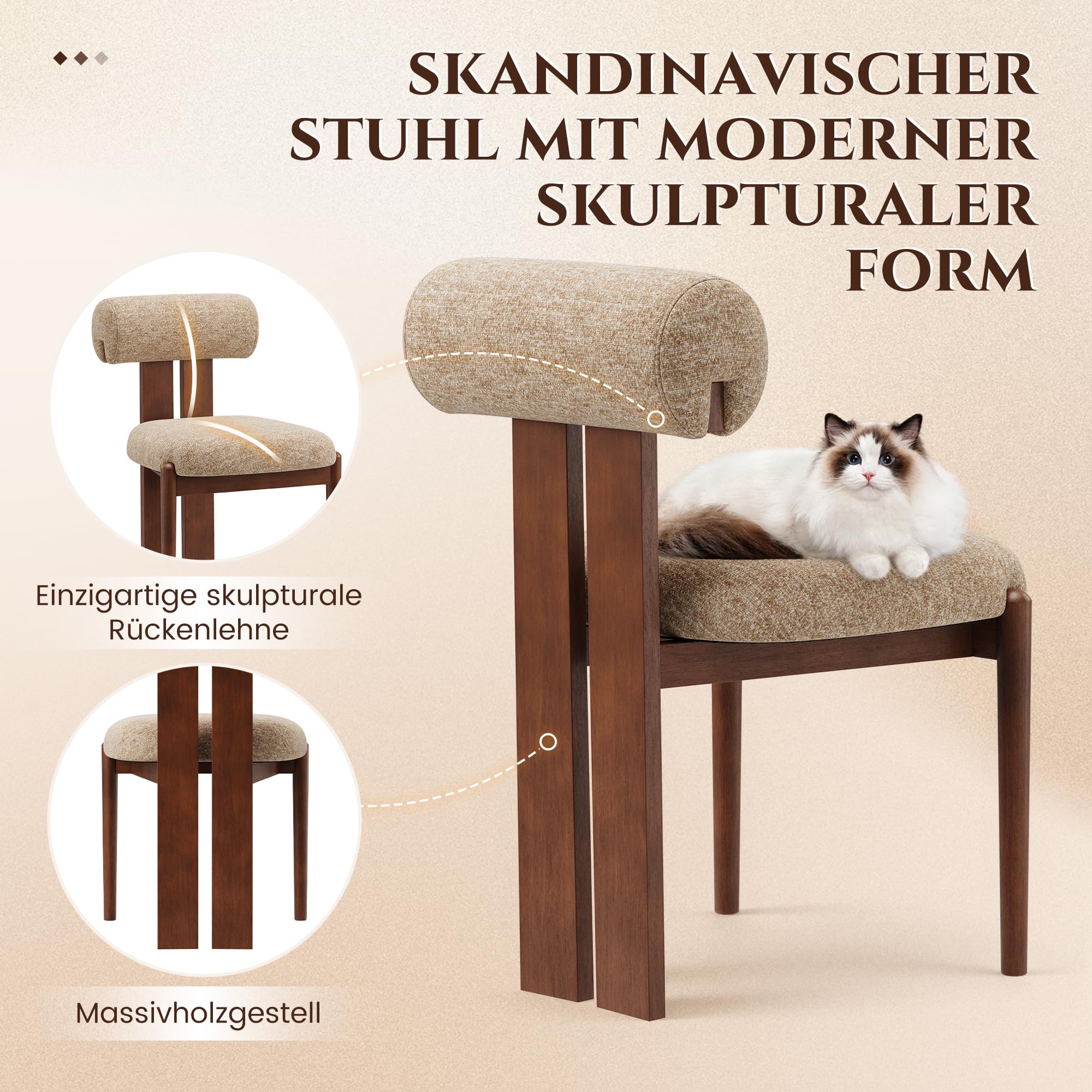 MALOL Esszimmerstühle 2er Set, Polsterstuhl Essstühle mit Holzbein, Modern Stoff Esstisch Stühle mit Fester Rückenlehne für Esszimmer, Küche, Restaurant, Mit dunkelbraunen Beinen, Kamel