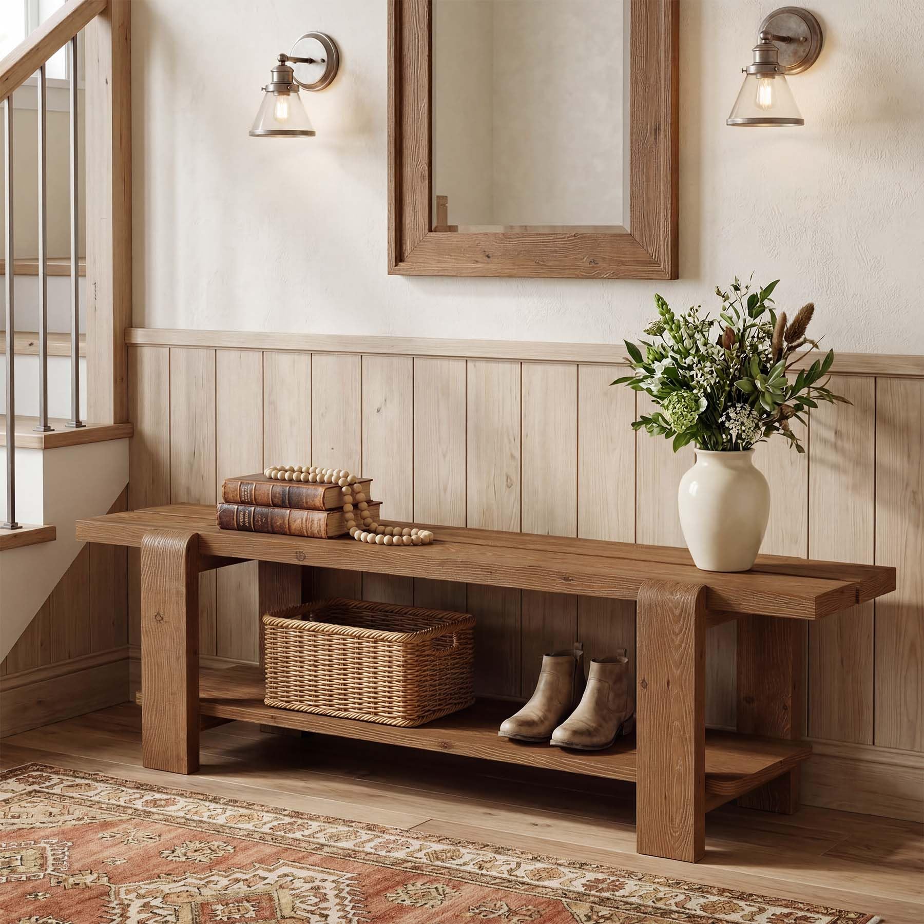 Solid Wood Entryway Bench with Shoe Storage Shelf, 63-Inch Long Farmhouse Entry Shoe Bench, End of Bed Bench for Bedroom, Hallway, Living Room, Mudroom, Rustic Brown