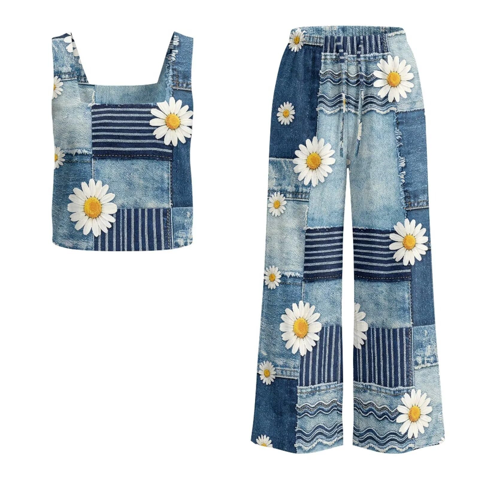 Xoenoiee Daisy Denim Patchwork Damen 2-teiliges Set 2026 Sommer-Outfits XXL