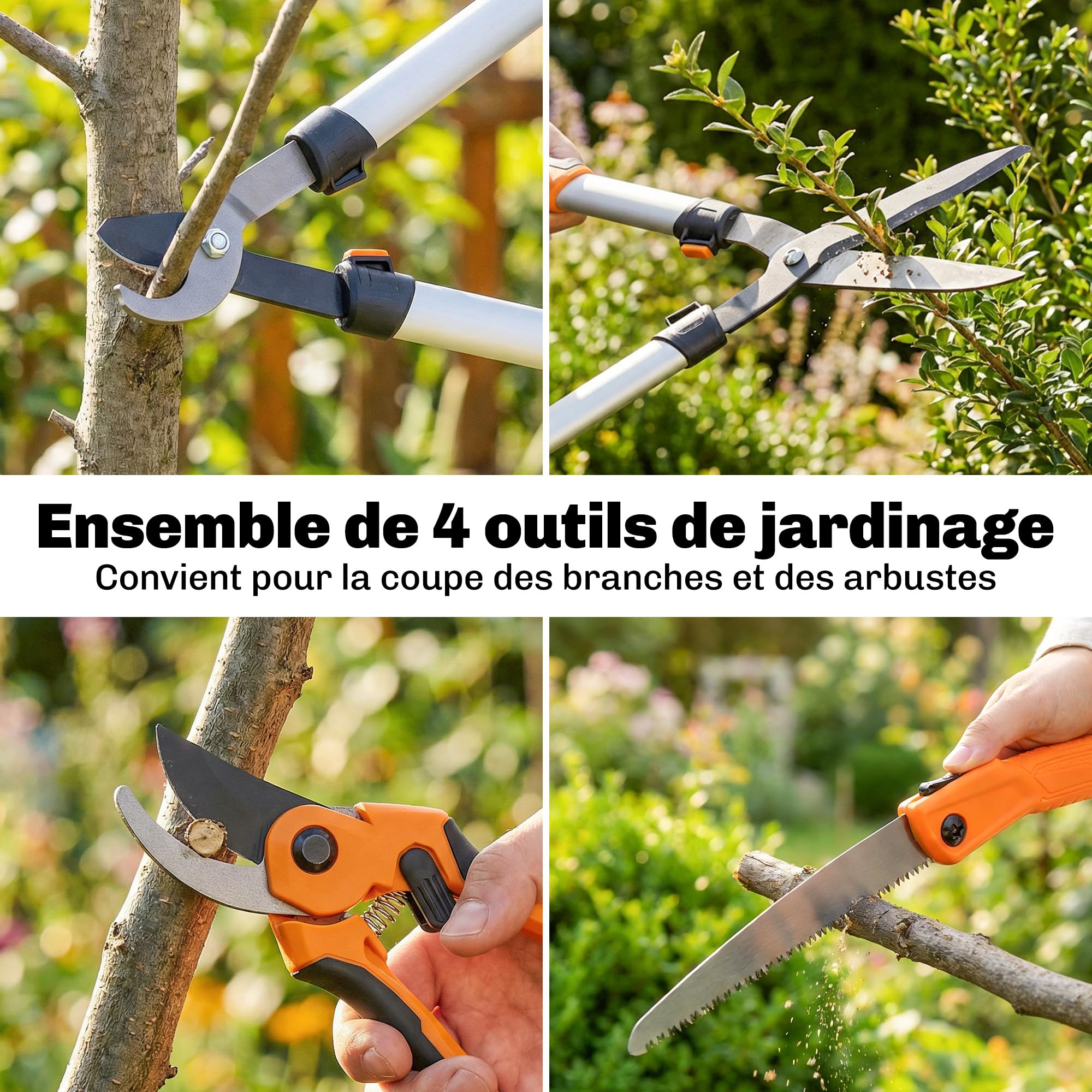 Outsunny Juego de tijeras de jardín de 4 piezas con cortasetos, tijeras de podar y sierra plegable, herramientas de jardín robustas con cuchillas afiladas y mango de aluminio antideslizante