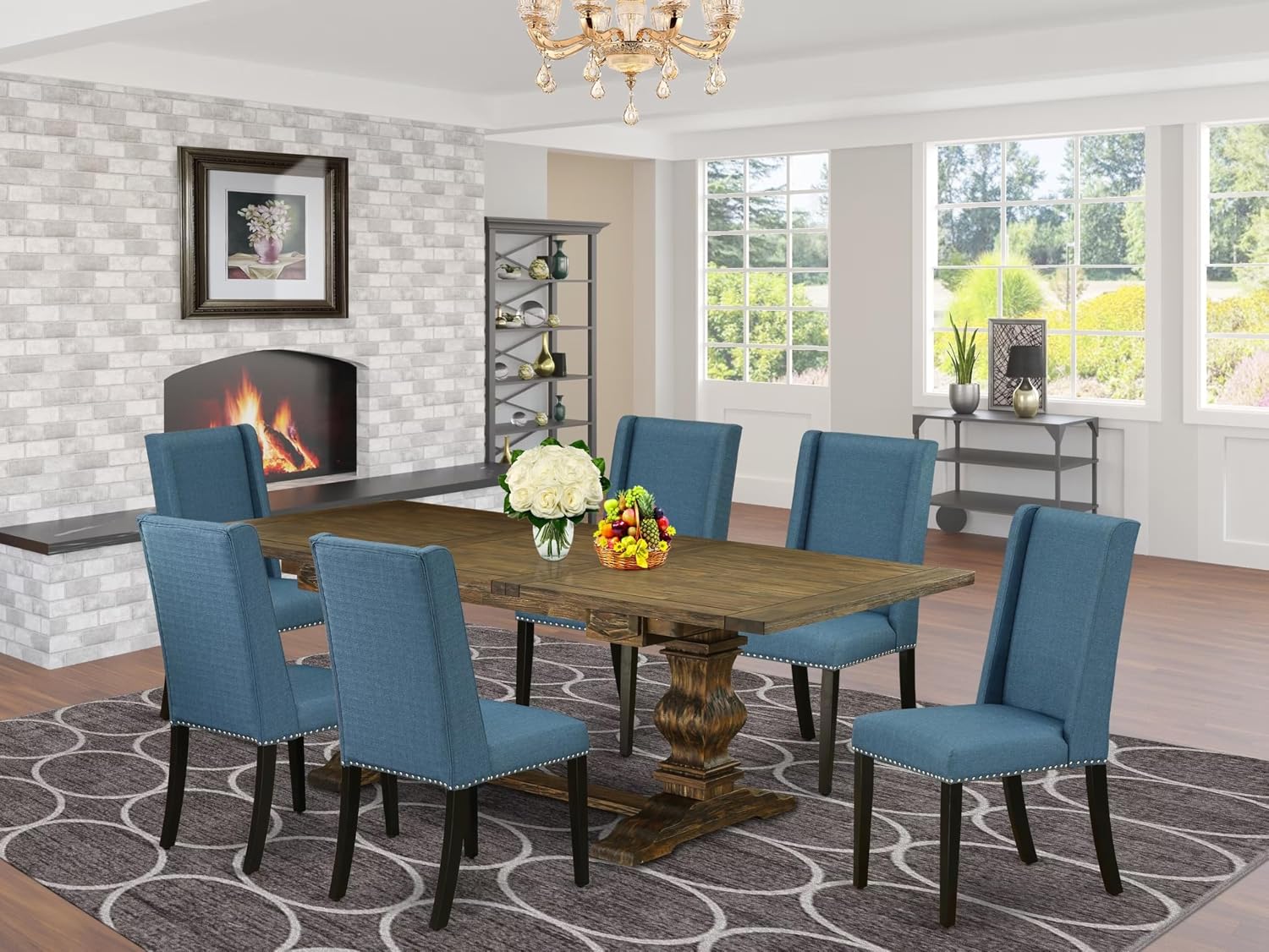 East West Furniture ALAFL7-71-21 7 Piece Dining Table Set Consist of a Rectangle Dining Room Table with Removable Leaf and 6 Blue Linen Fabric Parsons Chairs, 42x92 Inch, Jacobean