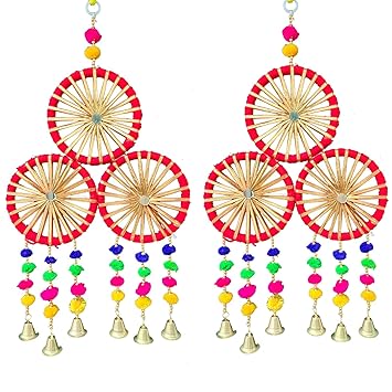 ANISHOP Decorative Wall Door Hanging Latkan Toran with Bells (Set of 4, 30 cm x 13 cm) for Main Door Entrance Pooja Room Home Rajasthani Traditional Decoration Items