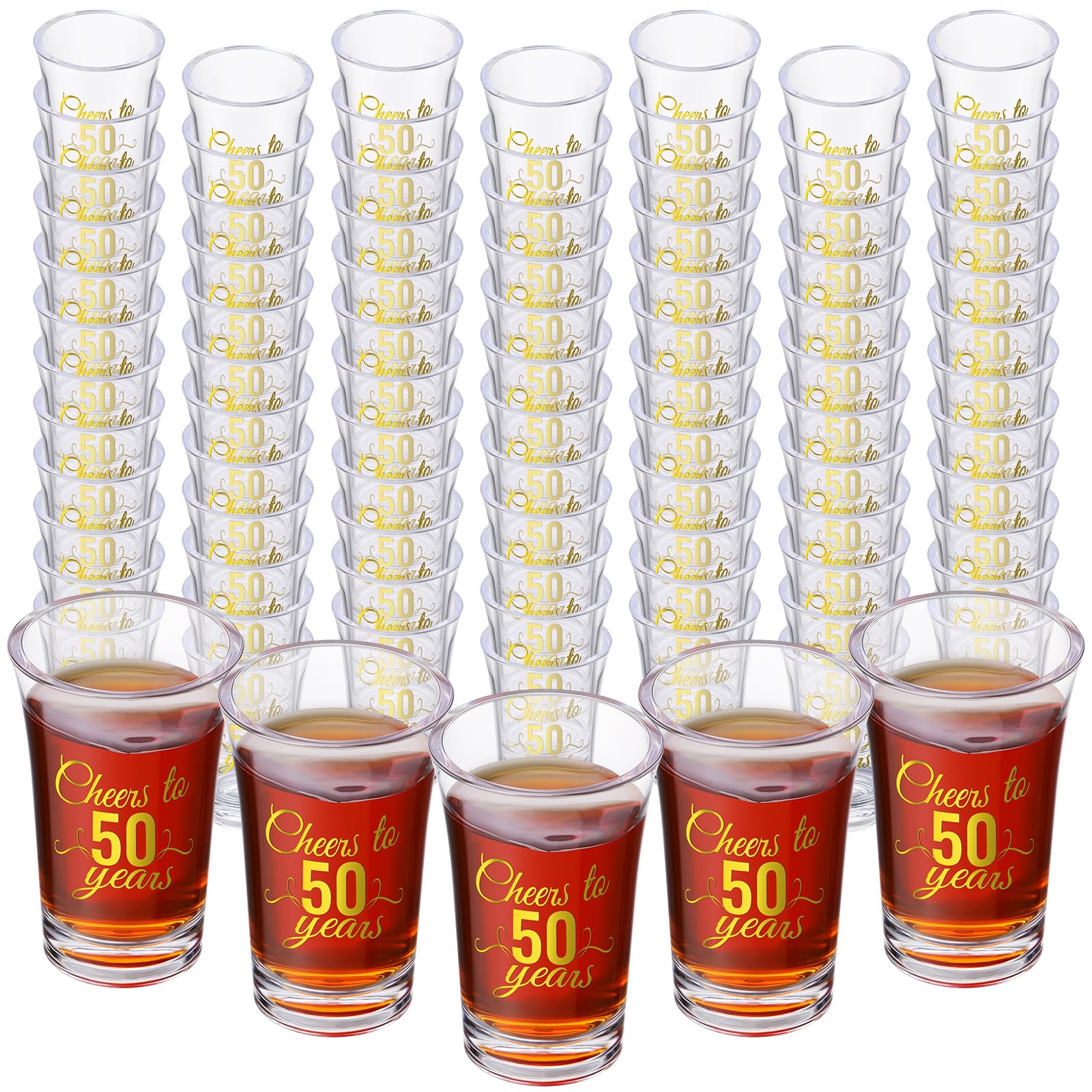 Hushee 100 vasos de chupito dorados de 50 cumpleaños a granel, 1.4 onzas de Cheers to 50 años, bonitos regalos de fiesta de cumpleaños 50 para invitados, decoración de vasos de chupito para fiesta de