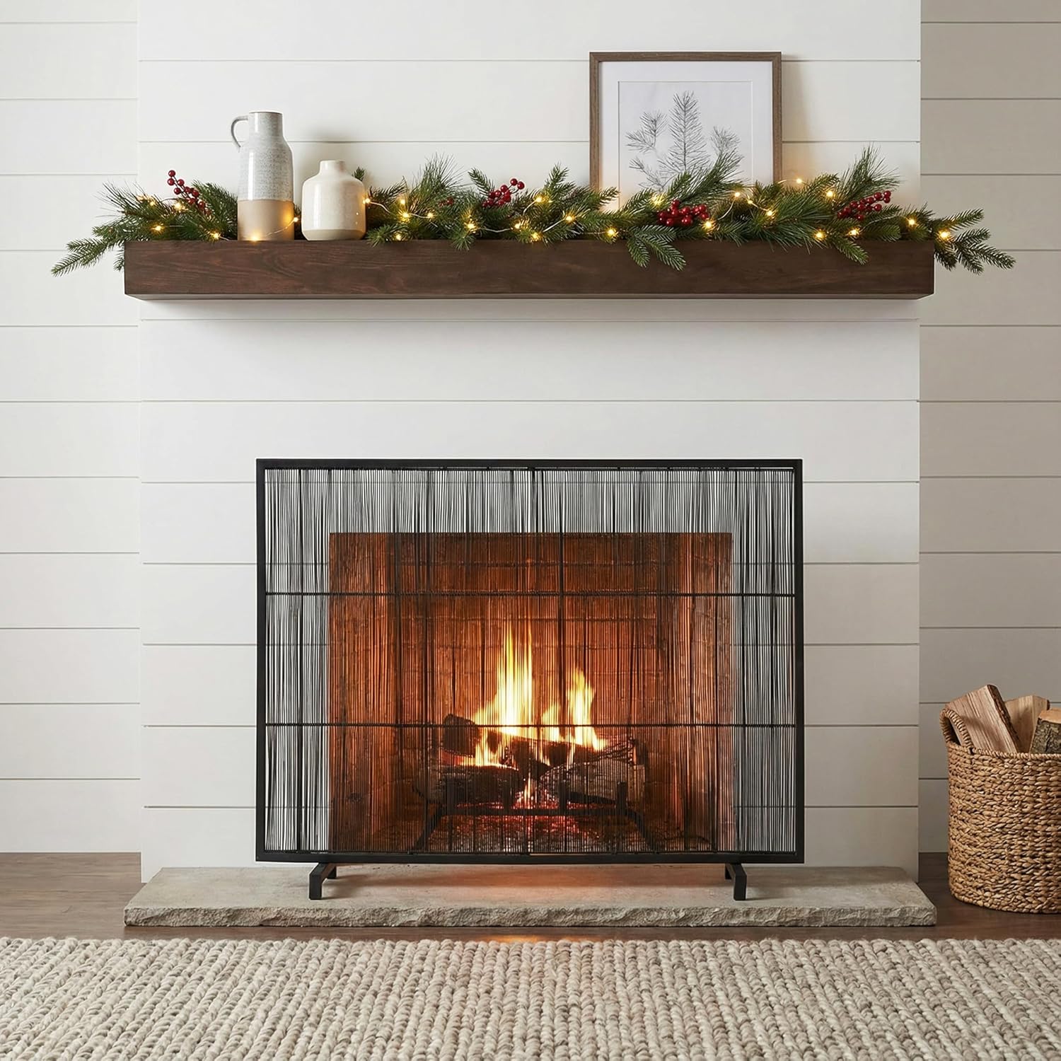 Christopher Knight Home Suho 1-Panel Iron Fireplace Screen with Vertical Bar Pattern, Durable Fire Spark Guard, Rectangular Fire Place Gate Protector for Living Room, 39" x 30", Black