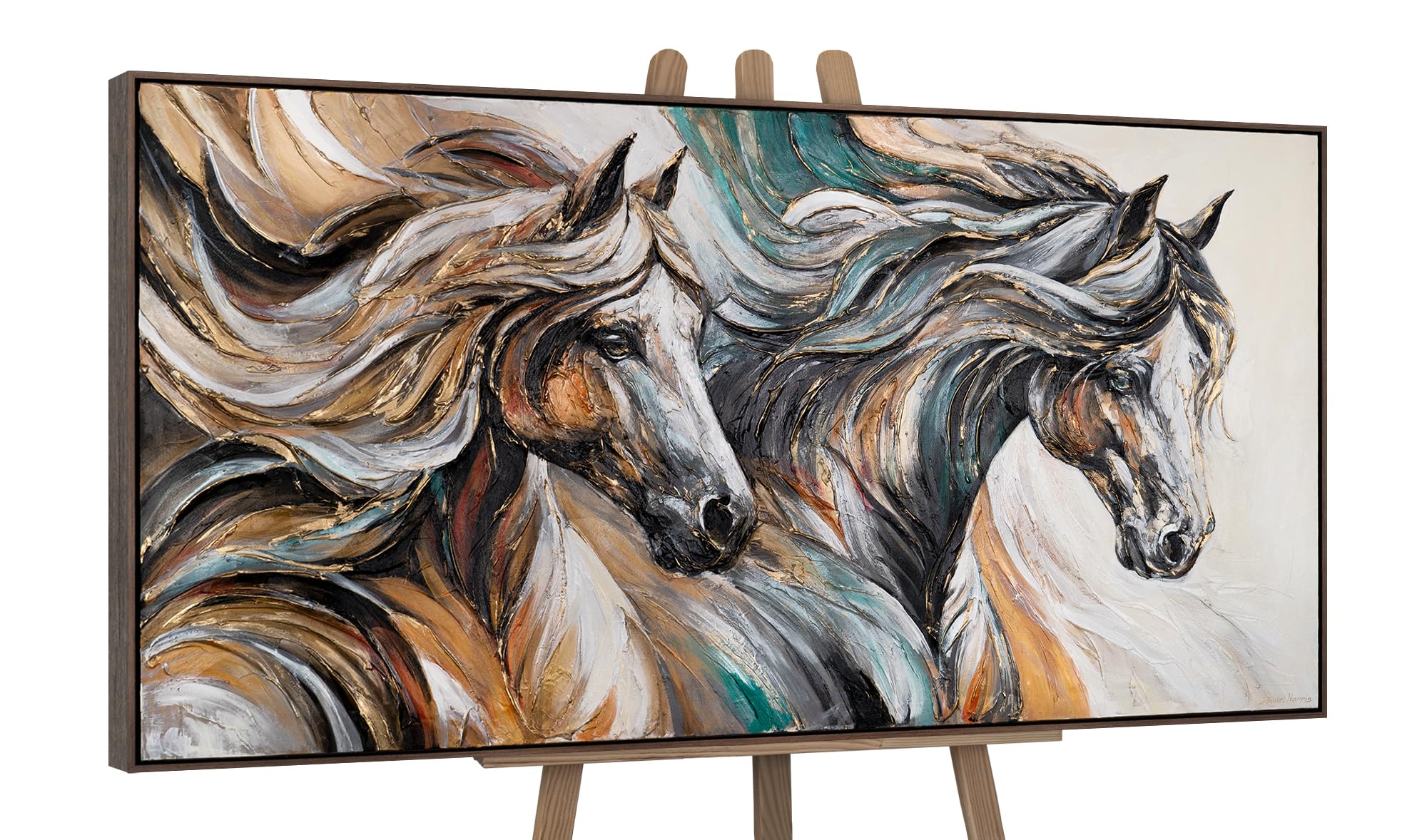 YS-Art Original Handmade Painting – Abstract Horse in Gold, Teal, and Brown, Textured Artwork on Canvas, Framed Wall Decor for Bedroom Living Room Interior 48x24 inches
