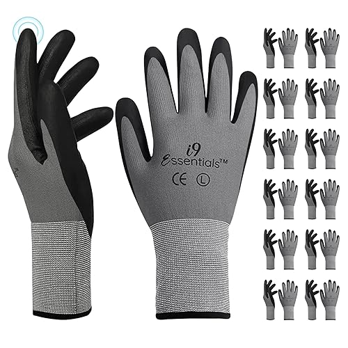 Miniatura 7 de I9 Essentials 12 pares de guantes de trabajo de microespuma con revestimiento de nitrilo para pantalla táctil, guantes de seguridad de agarre