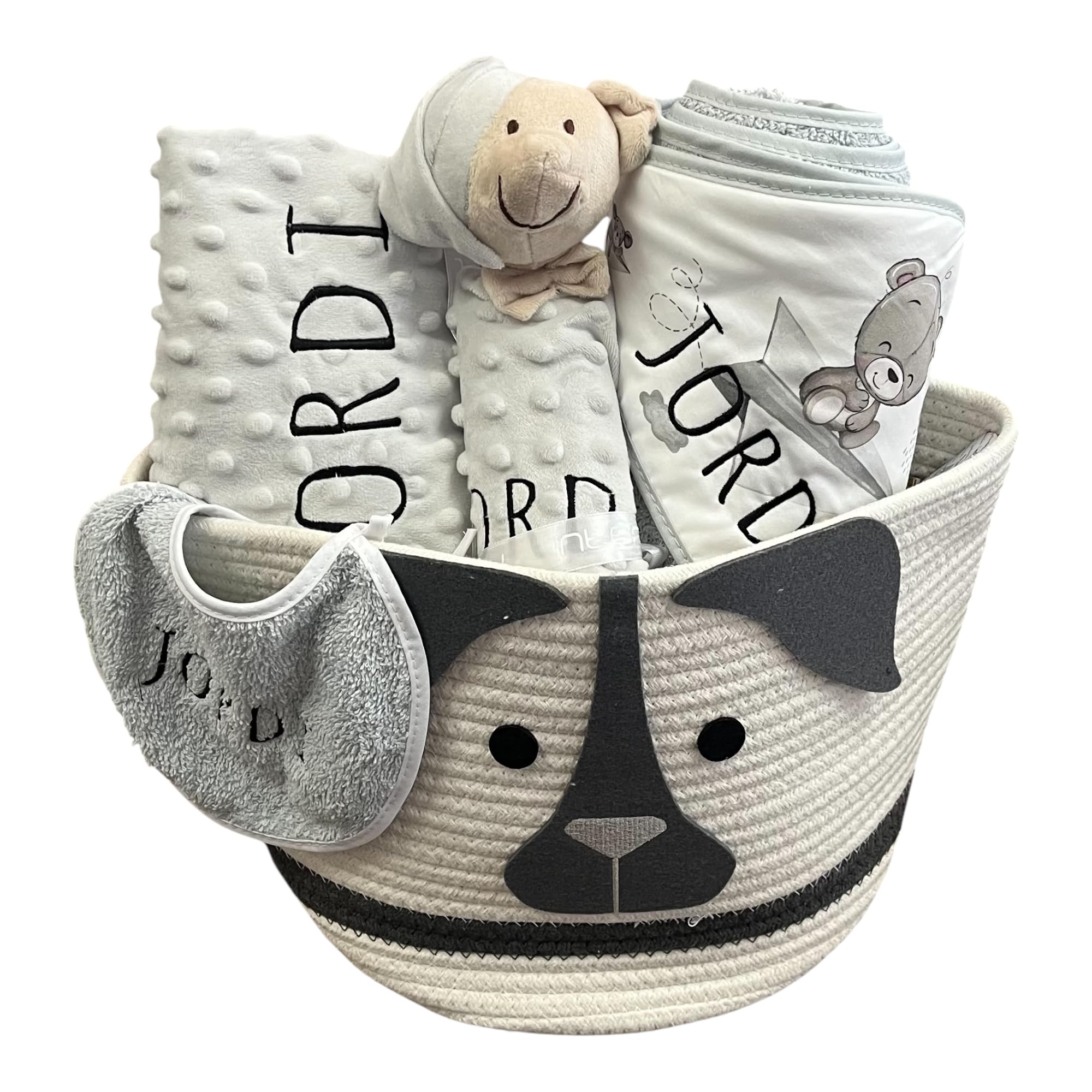 Danielstore Canastilla Bebé Personalizada | Set Regalo para Recién Nacido, 50% algodón 50% poliéster | Incluye manta, dou dou, toalla baño, babero Cat gris