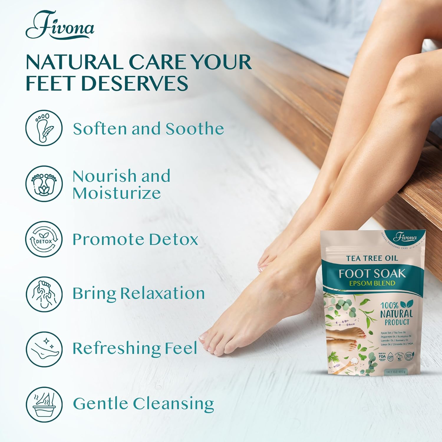 Fivona Tea Tree Foot Soak Blend 14.1 oz - Epsom Salt with Essential Oils for Healthy Toenails, Soothing Relief, Callus Softening - Pedicure Therapy for Soft, Rejuvenated Feet - Image 4