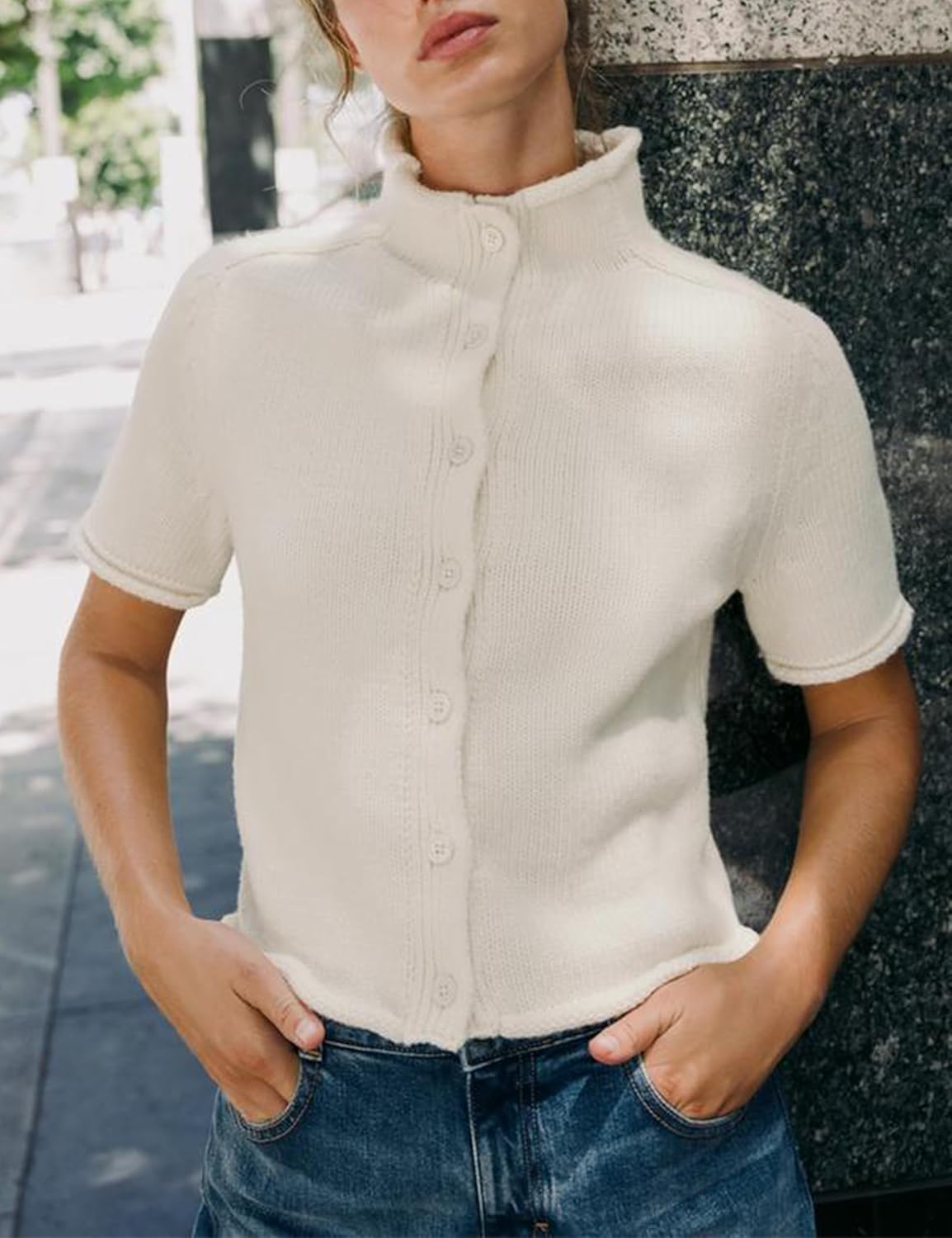 Bankeng Cropped Short Sleeve Cardigan Sweaters for Women Stand Up Collar Button Down Lightweight Knit Sweater Top - Image 4