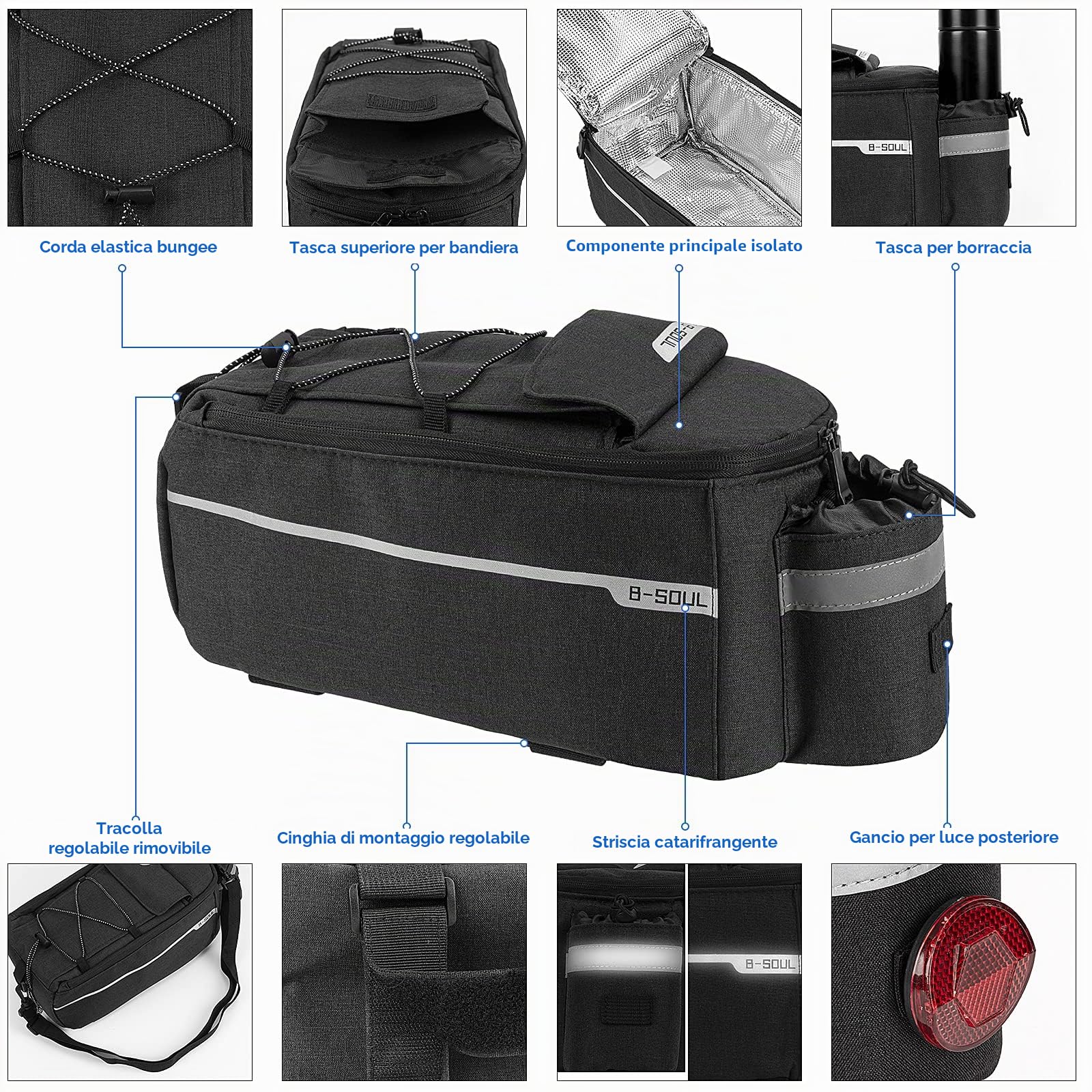 FINEW Borsa per il Bagagliaio Della Bici Borsa isolanti, Pacchetto Grande capacità, Ciclismo con Striscia Riflettente & Grande capacità 10L Impermeabile Pacchetto Bicicletta, Nero
