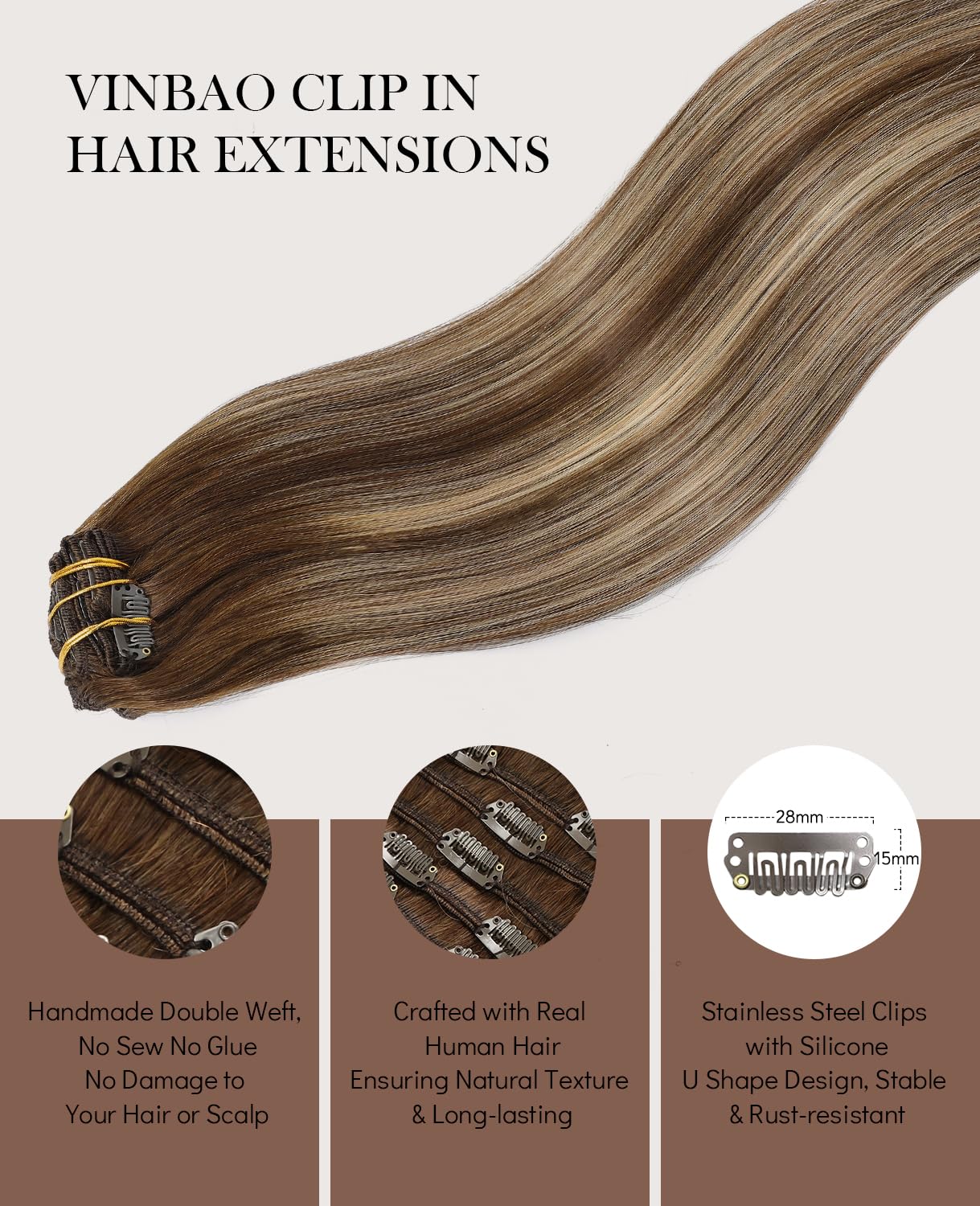 VINBAO Clip in Extensions Echthaar Balayage Remy Haarverlaengerung Echthaar #4/27/4 Dunkelbraun bis Karamellblond mit Blond 22 Zoll 120g 6Stück Doppelt Tressen (#4/27/4,55cm)