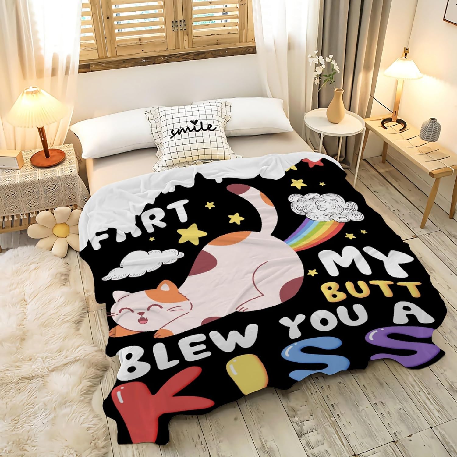 Cat I Did't Fart My Butt Blew You A Kiss Blanket Gifts Super Soft Flannel Blankets for Bed Sofa Living Room Bed Throw Room Decor Blankets for Adults Teen Boy Girls 60"x80"- Queen Size