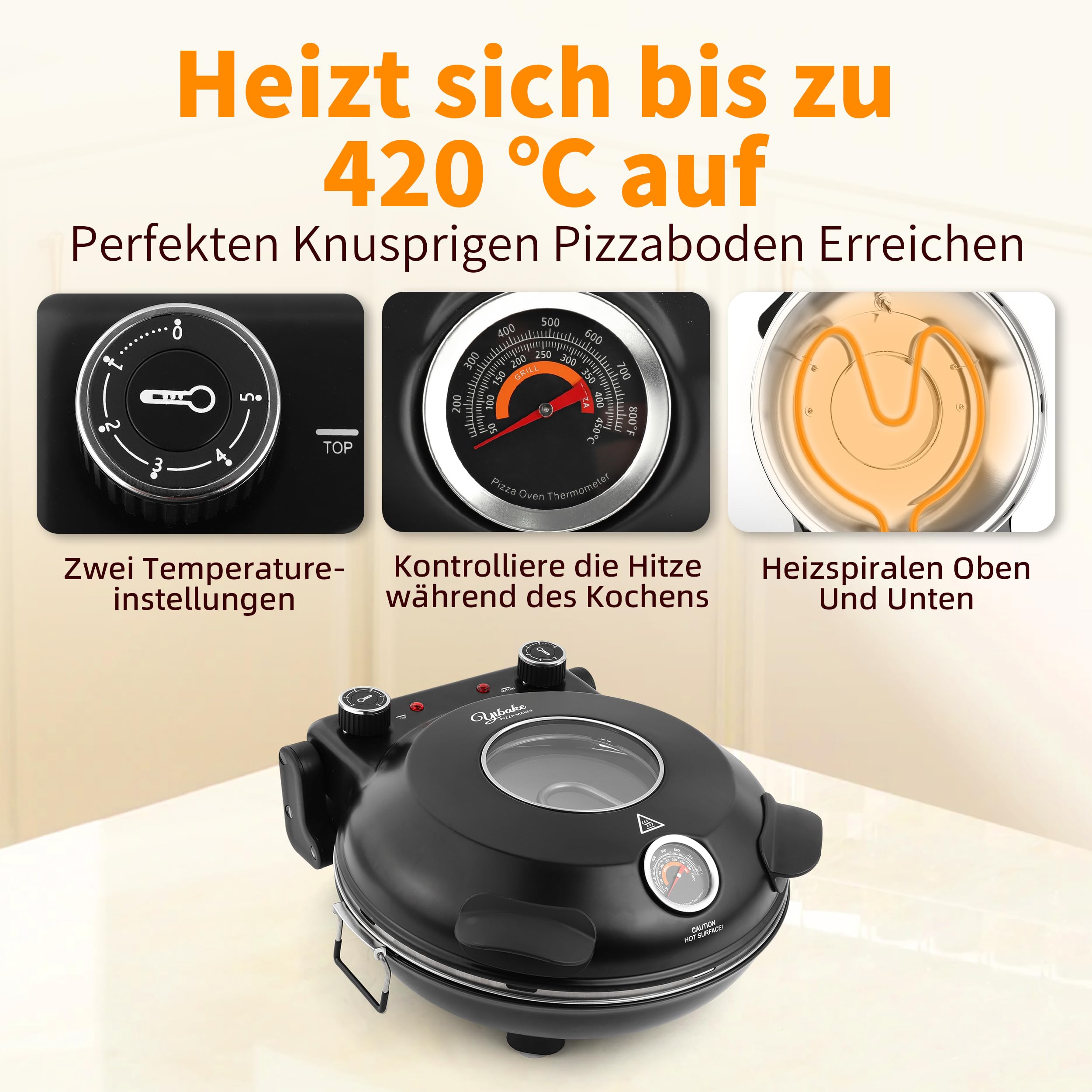 Pizzaofen elektrisch, 1200W Pizzabäcker in 4-Min-Pizza, 31cm Feuerfeste Pizzastein, Max 420℃ Pizzaofen mit 5 Garstufen, inkl. Pizzaschaber & Pizzaschieber, Schwarz