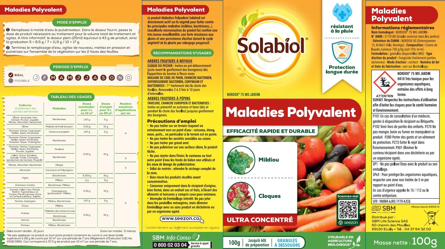 SOLABIOL Maladies Polyvalent - 60L de Solution - 100g | Action Rapide & Longue Durée - Préventif - Mildiou, Bactériose, Tavelure - Résiste aux Intempéries - SONOMAL100