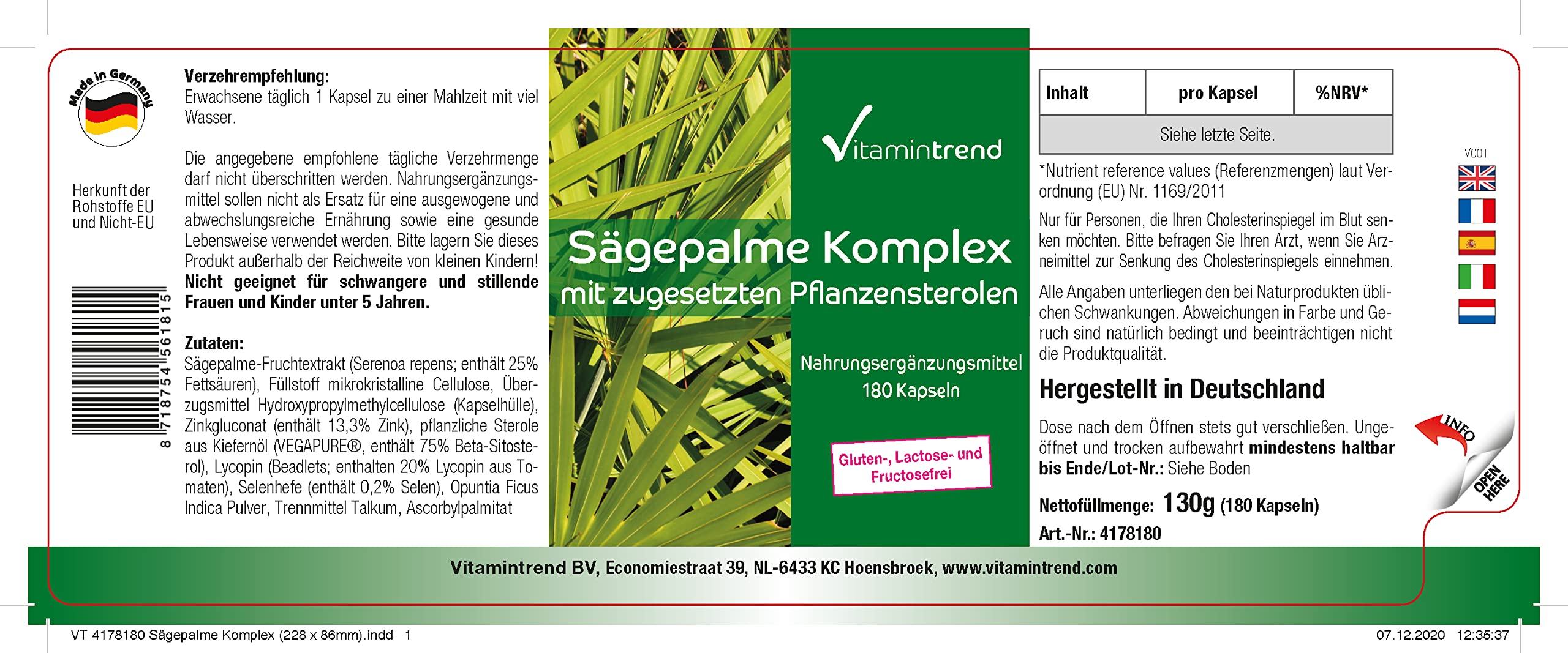 Vitamintrend Complexe de palmier nain avec stérols végétaux, 180 gélules, complément alimentaire vegan sans stéarate de magnésium, fabriqué en Allemagne