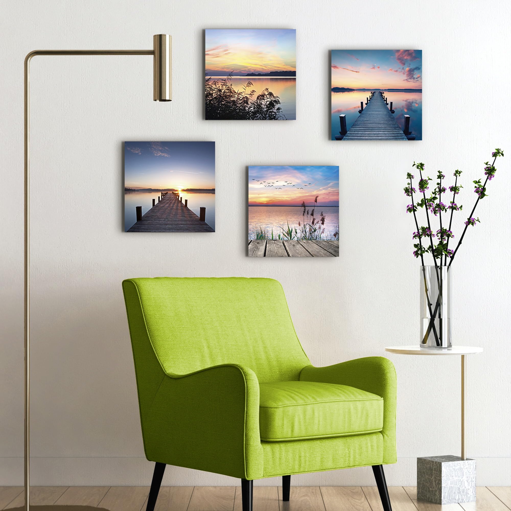 ARTLAND Wanddeko Strandbilder Leinwand Bilder Set 4 tlg. je 40x40 cm Quadratisch Wandbilder Landschaft Gewässer See Pier Abend Schilf Sonne K2JK