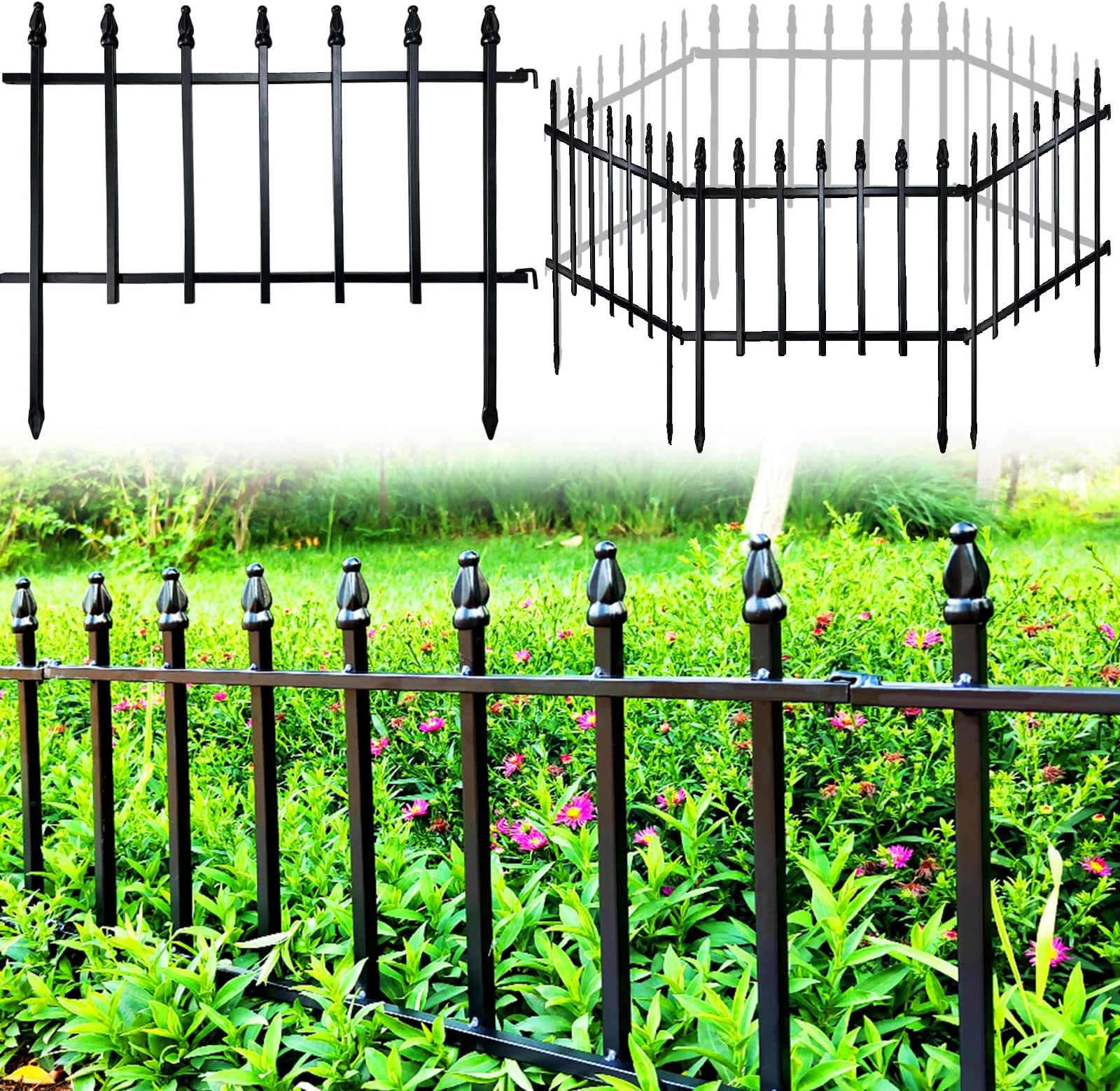 Panel Roman Border Fence Set - 9-Foot Overall Length - Decorative Metal Garden and Landscape Fencing - 22 Inches Wide x 18 Inches Tall Per Piece (Black)