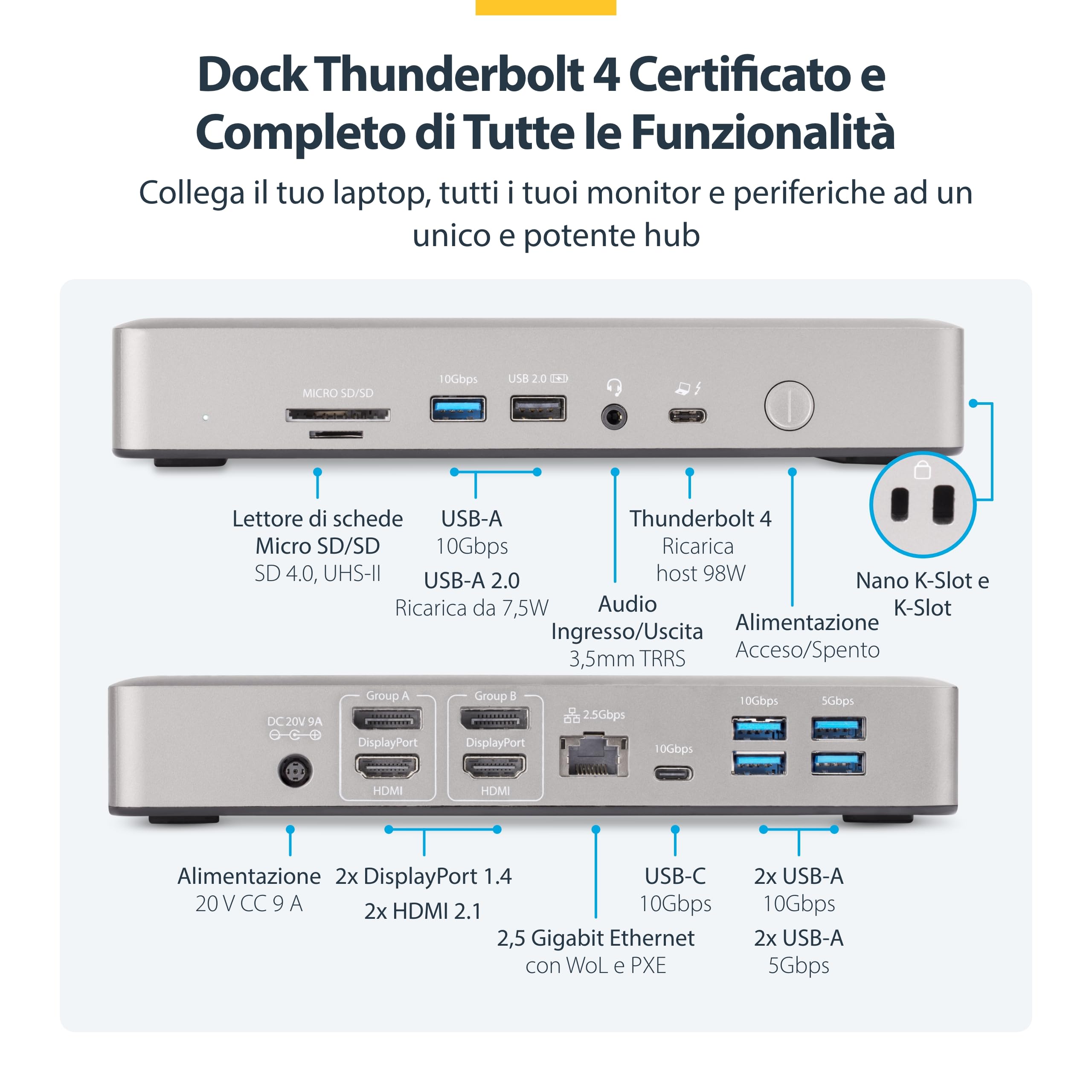 StarTech.com Docking Station Thunderbolt 4, Dock TB4 fino a 4 monitor: 2x HDMI, 2x DP, 7x USB Hub, 2,5Gb Ethernet, 98W PD