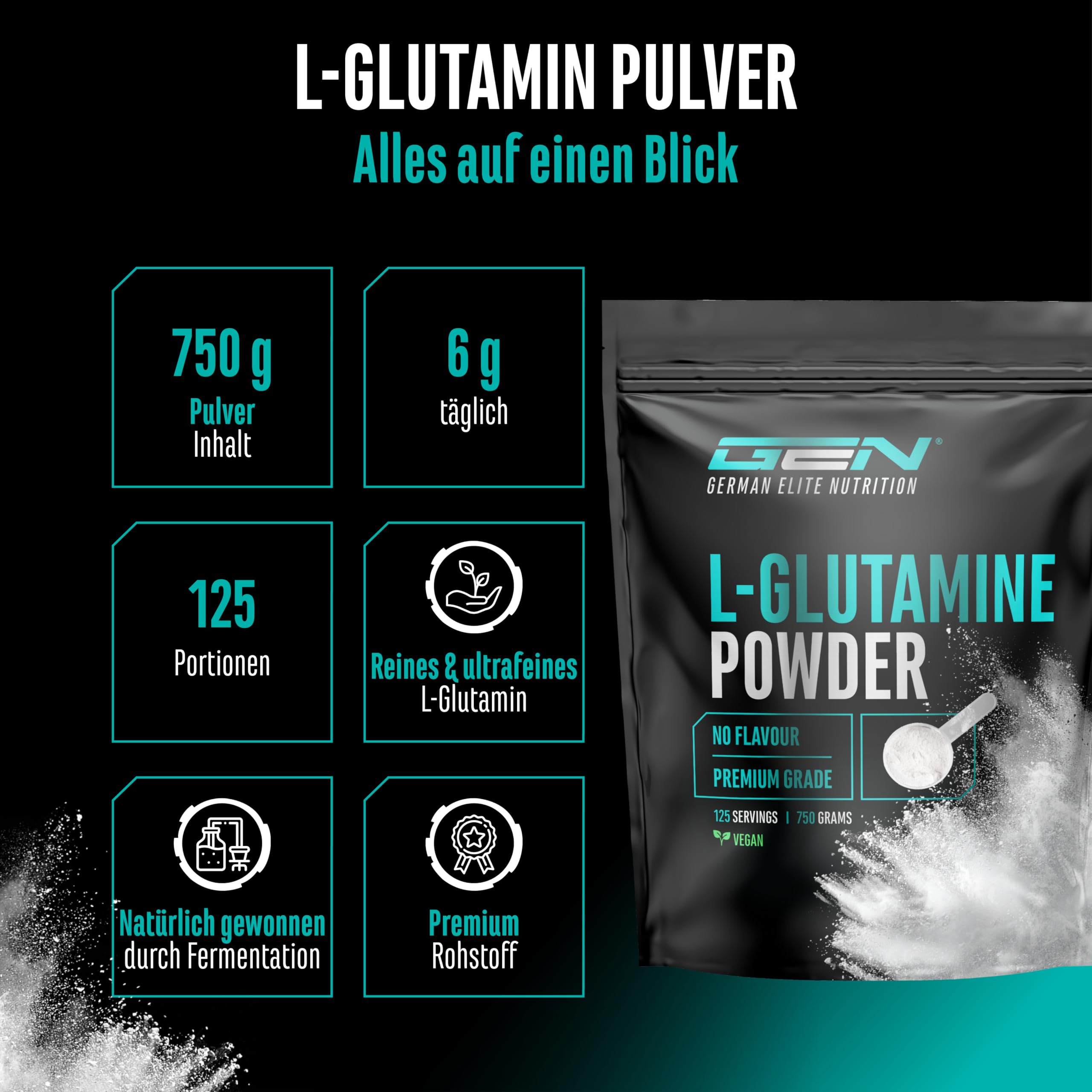 GEN GERMAN ELITE NUTRITION L-Glutamin Pulver - 750g - Geschmacksneutral | hochdosiert, 100% Aminosäure, ultrafein, Laborgeprüft, Vegan